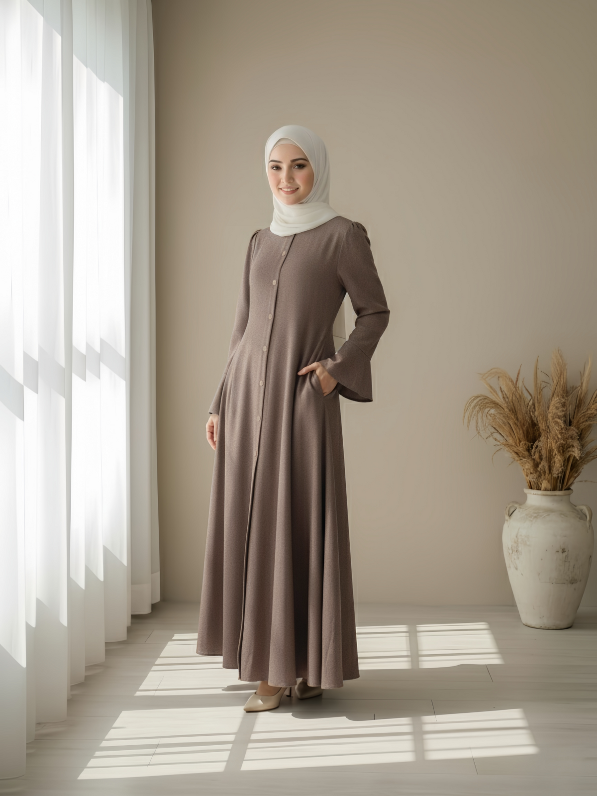 FUMIDAR Huda Button-Front Maxi Dress in Taupe — view 2