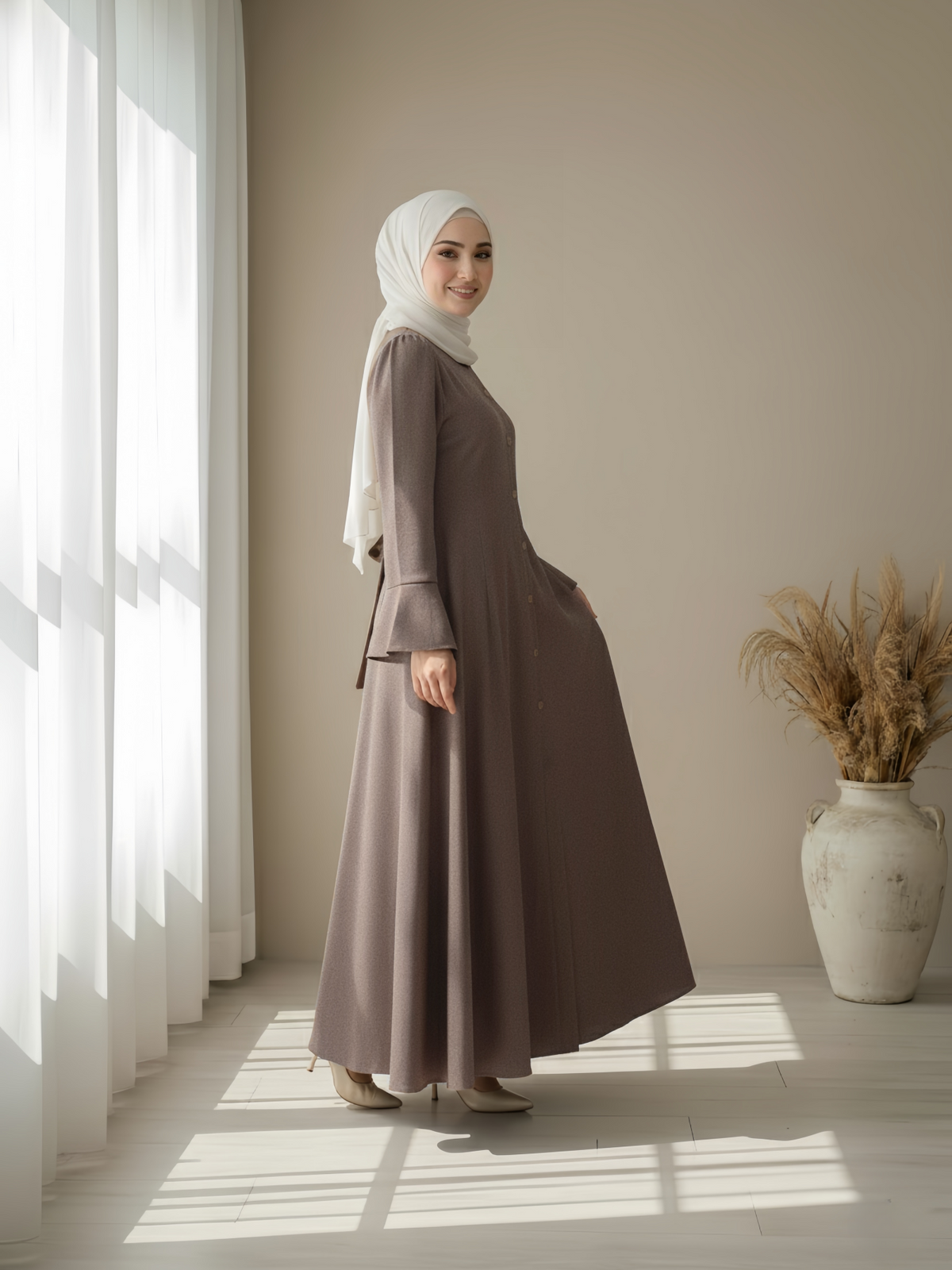 FUMIDAR Huda Button-Front Maxi Dress in Taupe — view 3