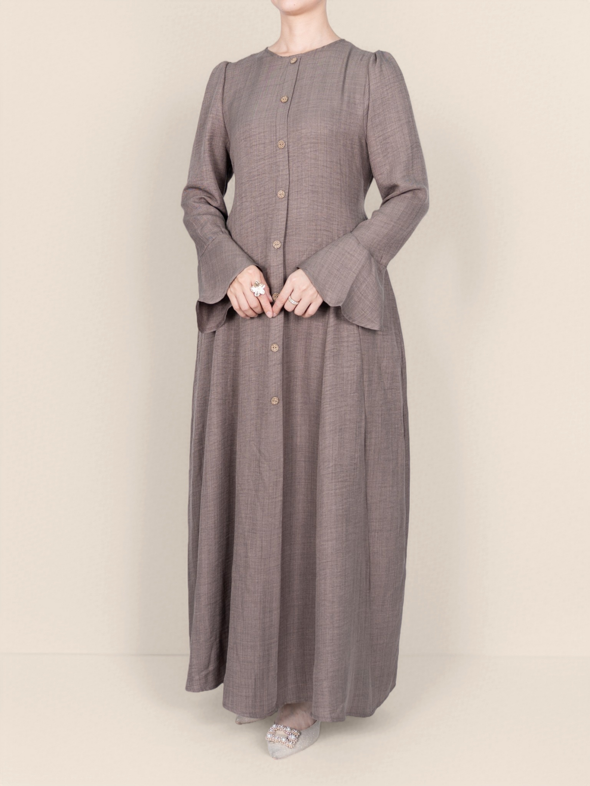 FUMIDAR Huda Button-Front Maxi Dress in Taupe — view 4