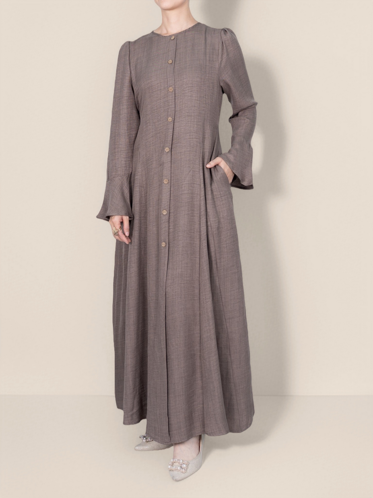 FUMIDAR Huda Button-Front Maxi Dress in Taupe — view 5