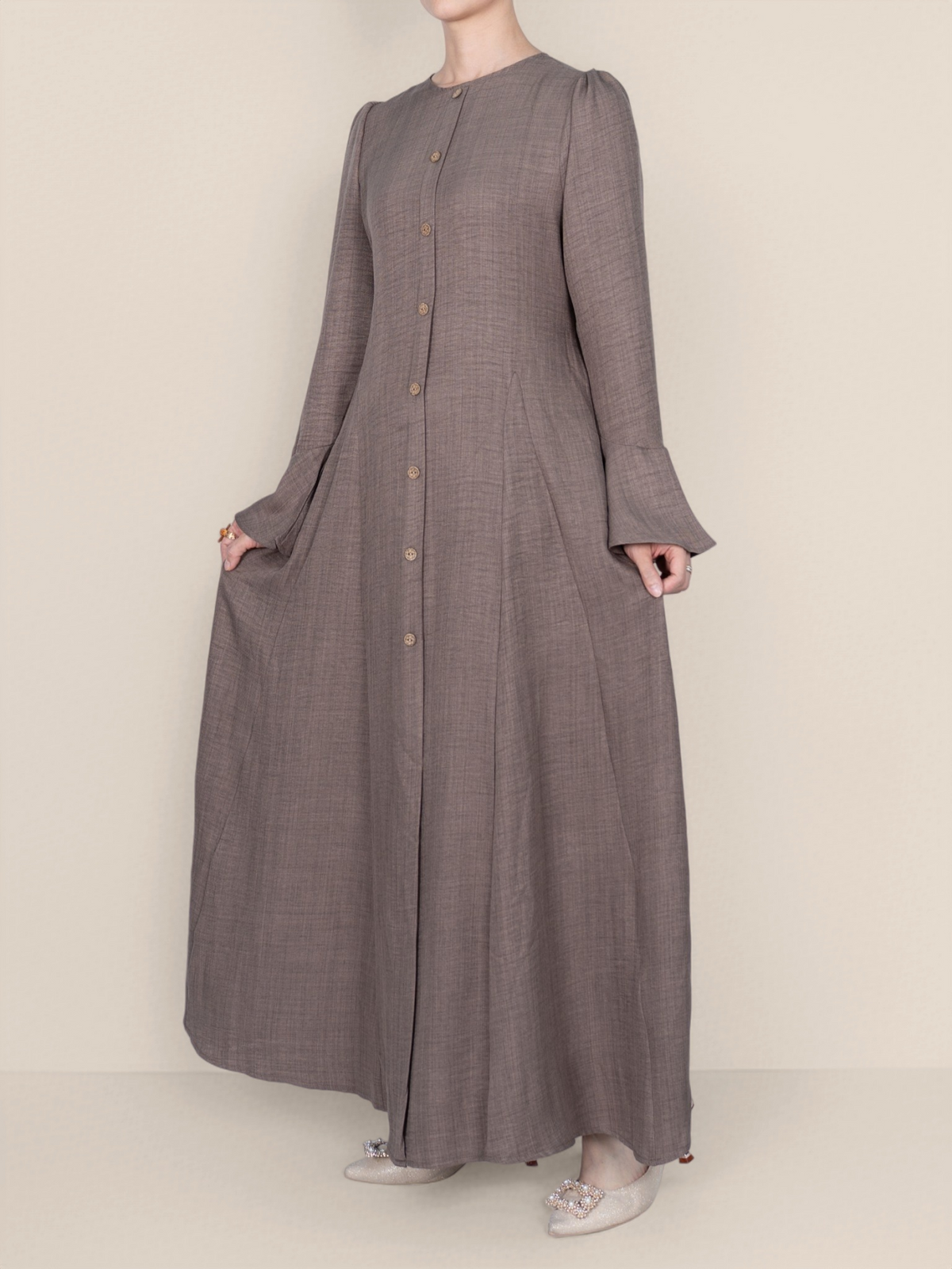 FUMIDAR Huda Button-Front Maxi Dress in Taupe — view 6