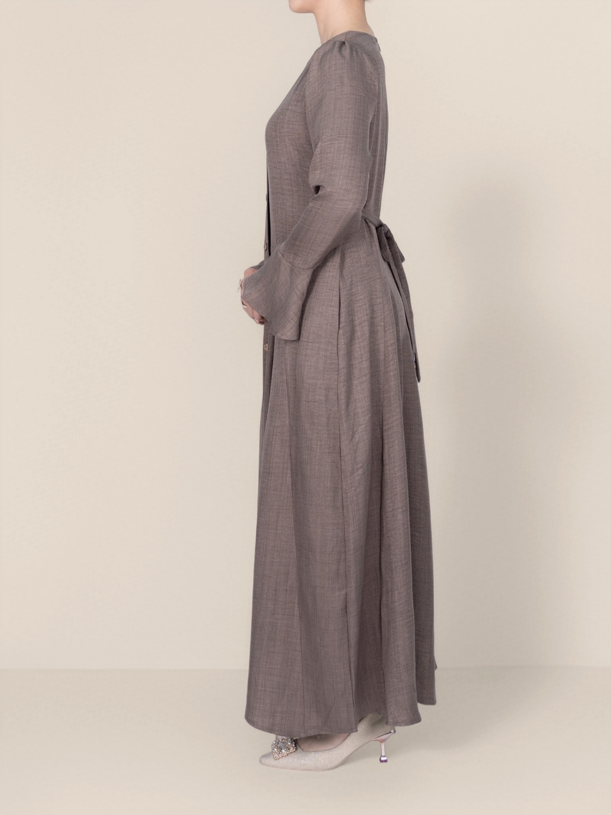 FUMIDAR Huda Button-Front Maxi Dress in Taupe — view 7