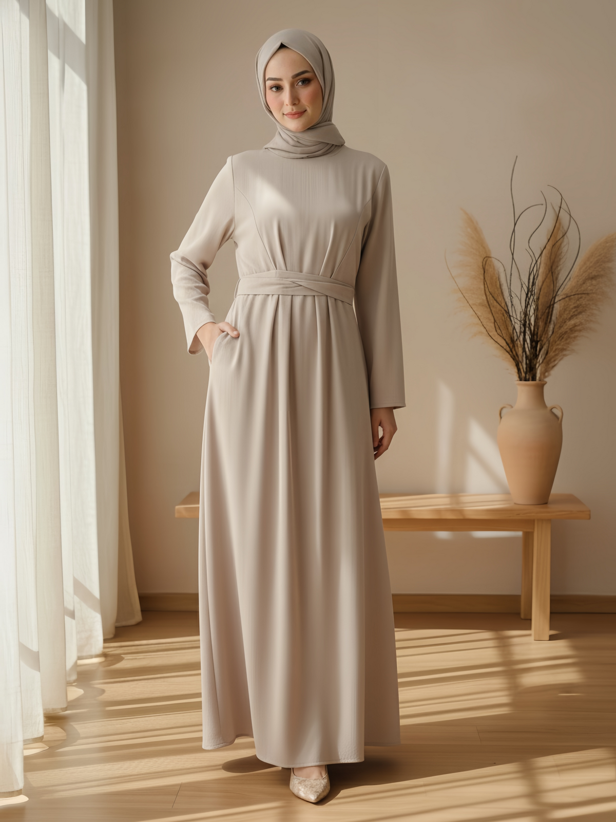 FUMIDAR Nahla Gathered-Waist Maxi Dress in Apricot — view 1
