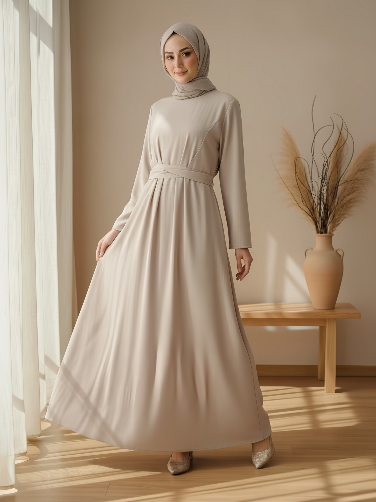 FUMIDAR Nahla Gathered-Waist Maxi Dress in Apricot — view 2