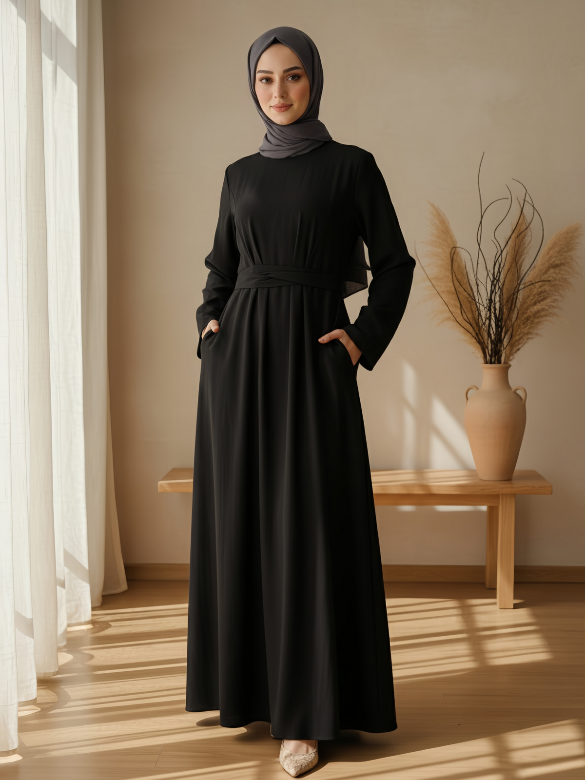 FUMIDAR Nahla Gathered-Waist Maxi Dress in Black — view 3