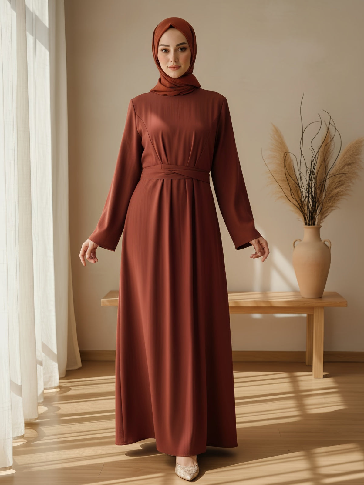 FUMIDAR Nahla Gathered-Waist Maxi Dress in Burnt Orange — view 1