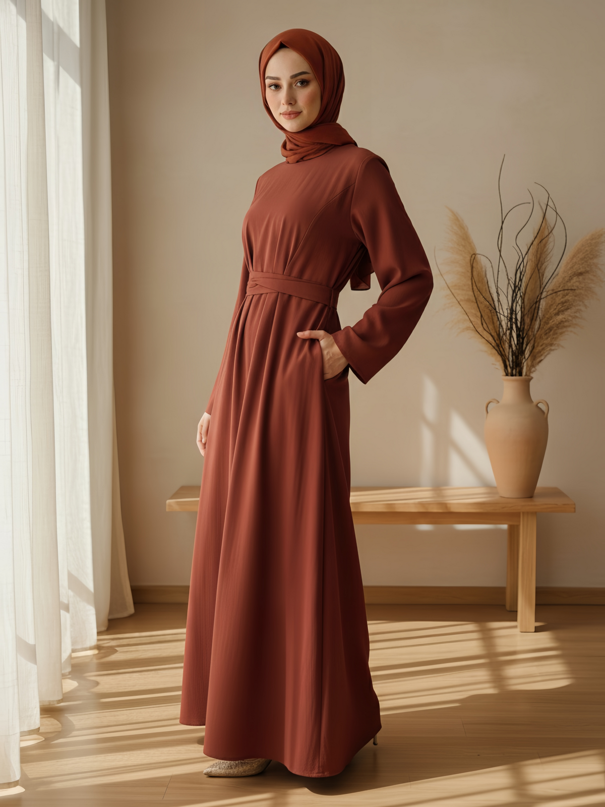 FUMIDAR Nahla Gathered-Waist Maxi Dress in Burnt Orange — view 2