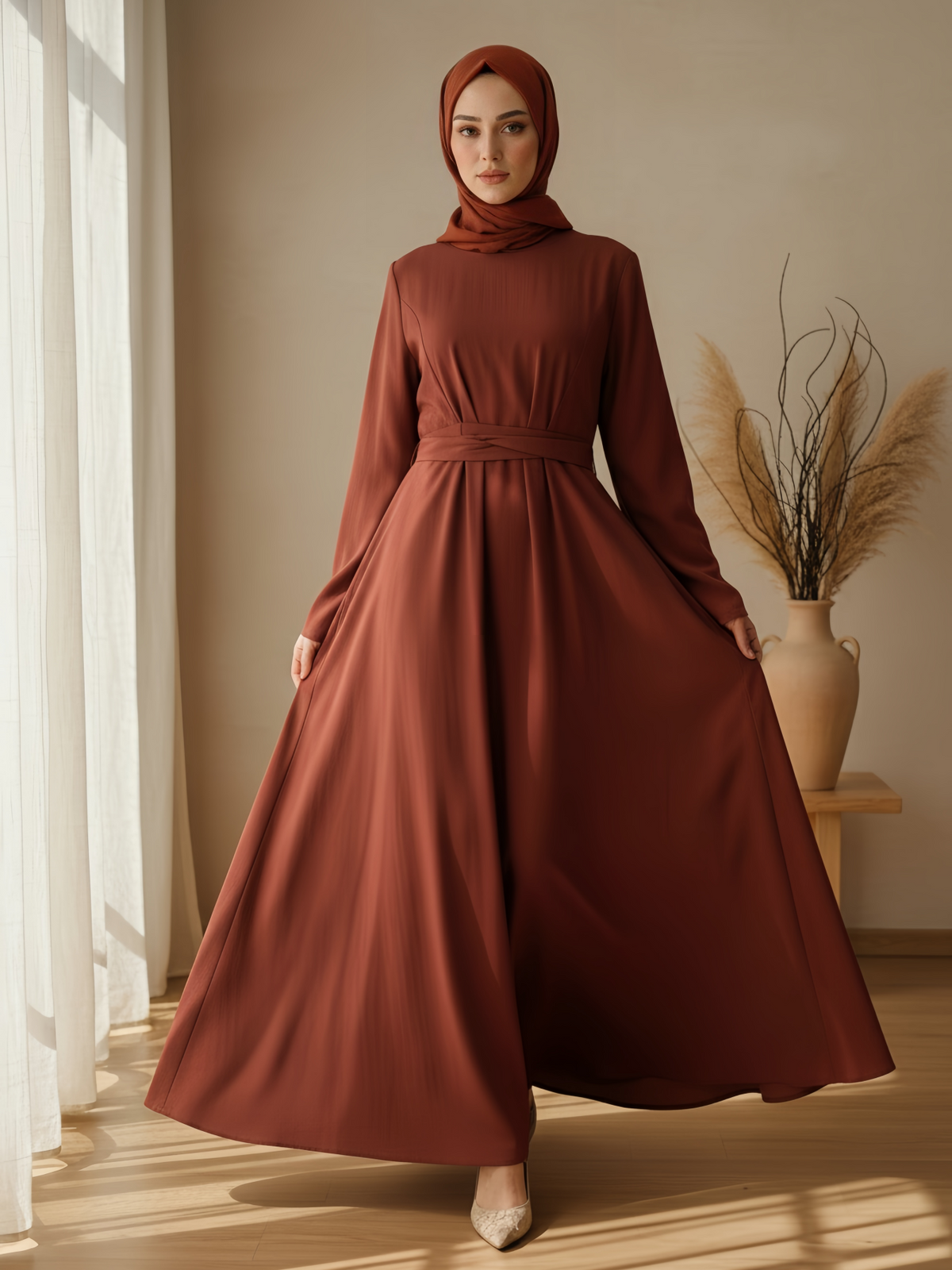 FUMIDAR Nahla Gathered-Waist Maxi Dress in Burnt Orange — view 3