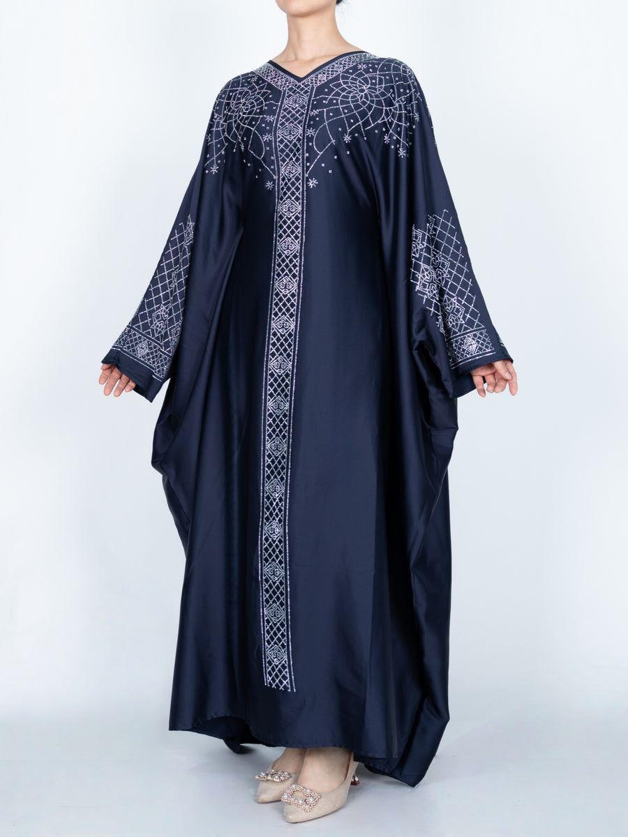 FUMIDAR Amal Geometric-Detail Kaftan in Navy — view 1