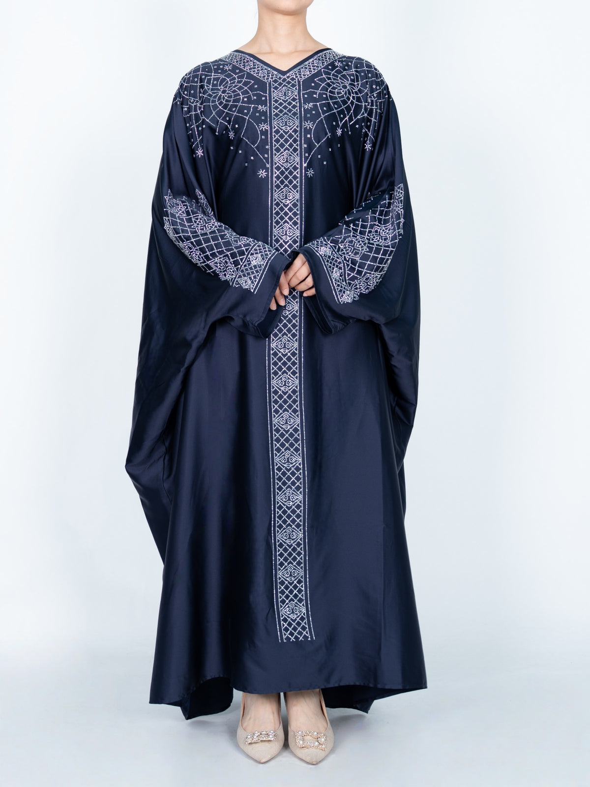 FUMIDAR Amal Geometric-Detail Kaftan in Navy — view 3
