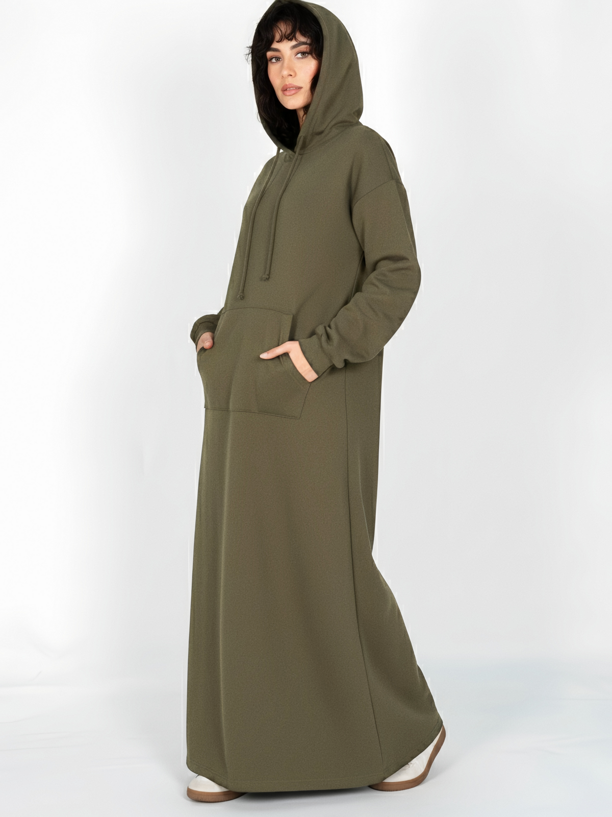 FUMIDAR Zaina Hooded Maxi Dress in Army Green — view 2