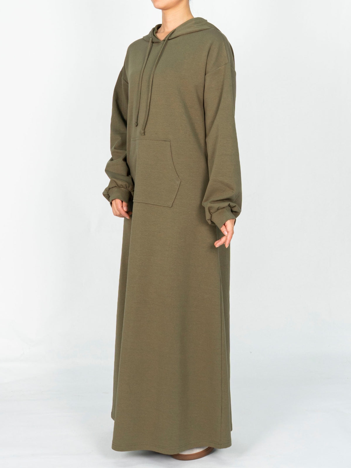 FUMIDAR Zaina Hooded Maxi Dress in Army Green — view 3