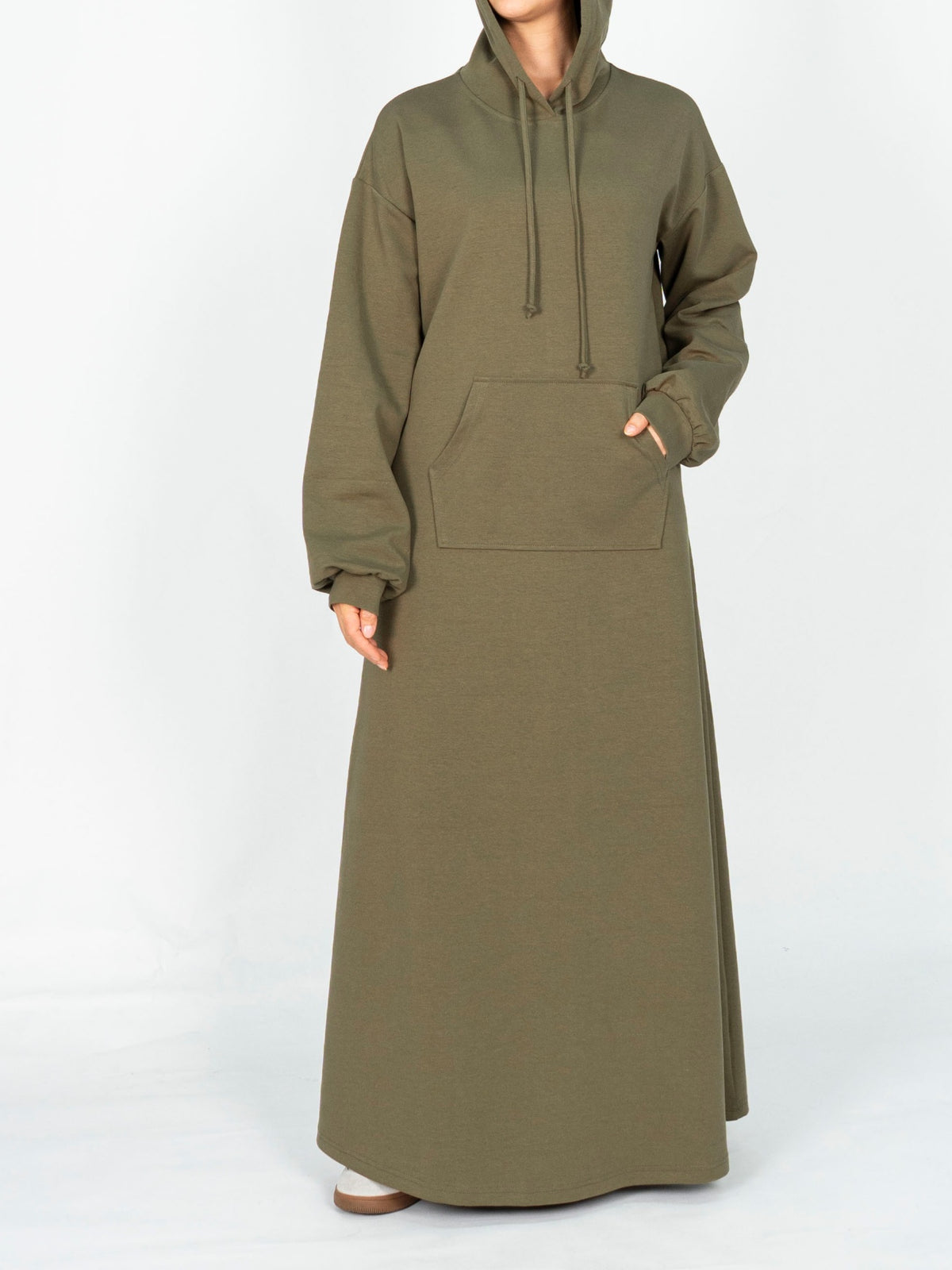 FUMIDAR Zaina Hooded Maxi Dress in Army Green — view 6
