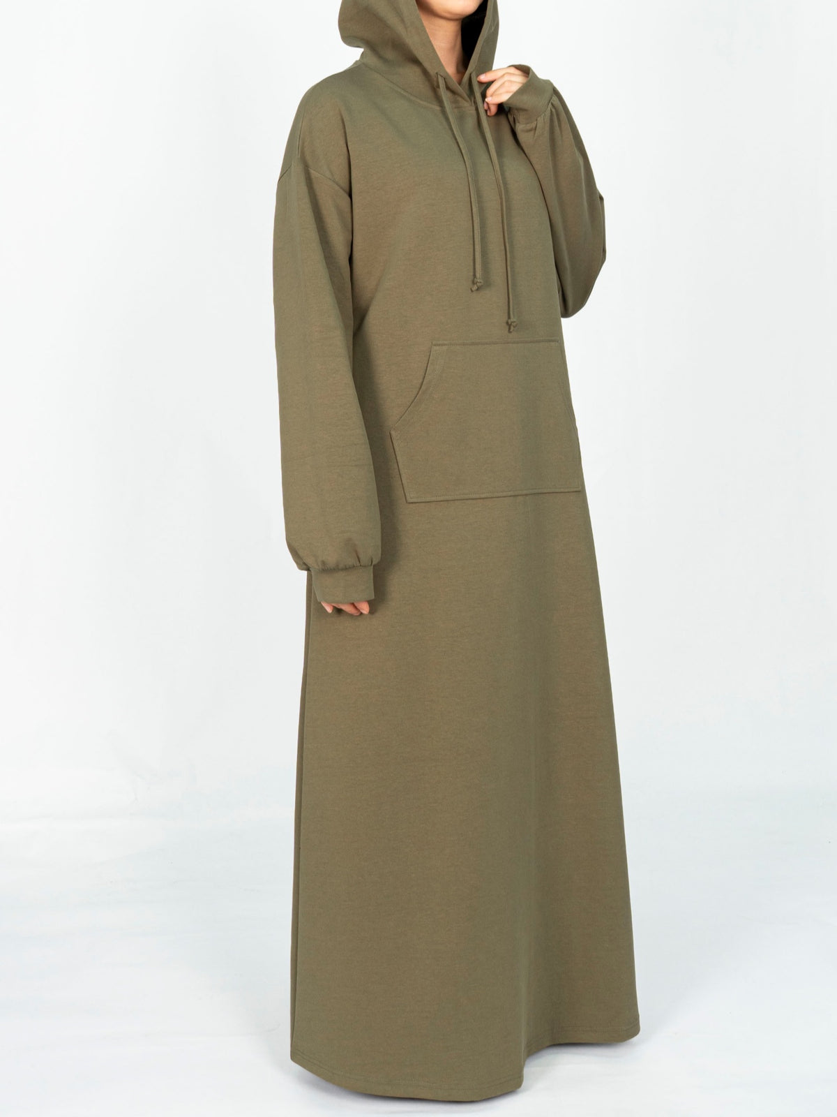 FUMIDAR Zaina Hooded Maxi Dress in Army Green — view 7
