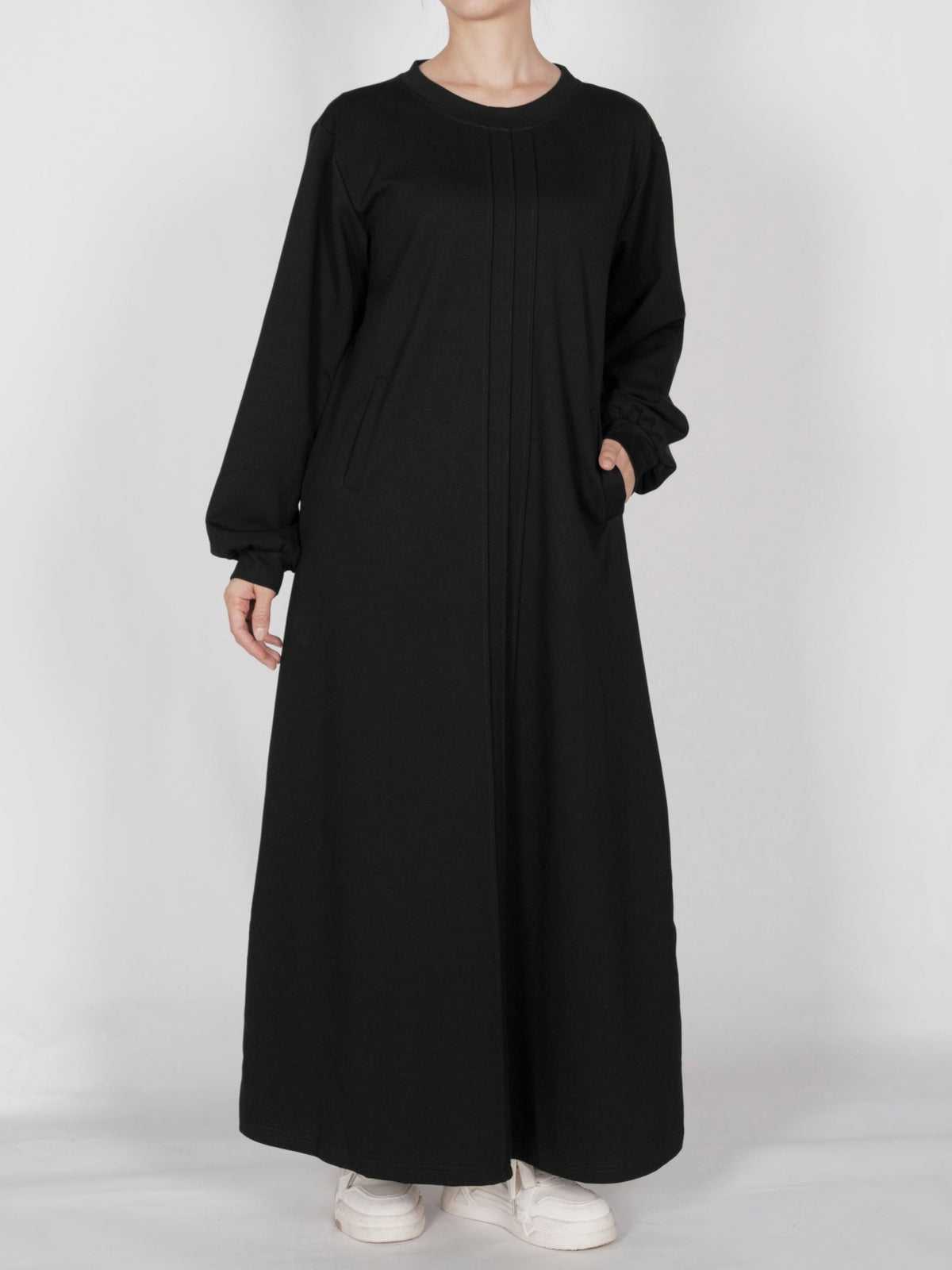 FUMIDAR Nadia Gathered-Yoke Abaya in Black — view 3