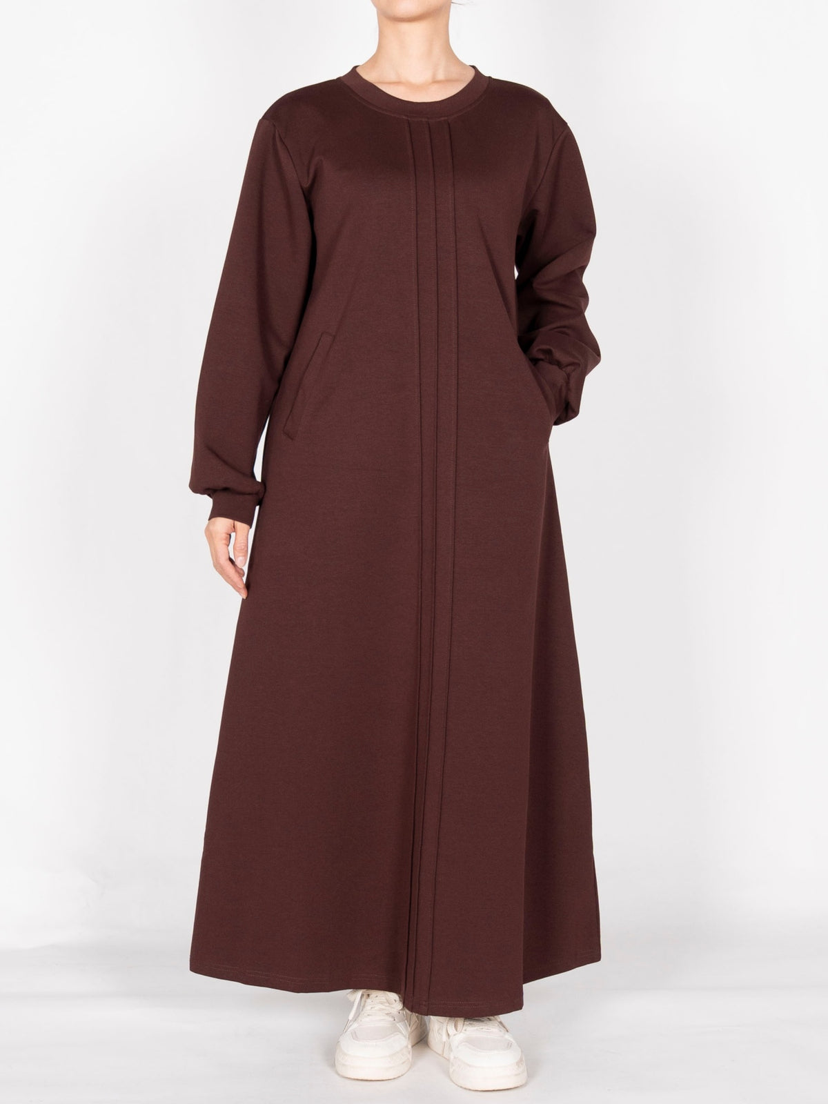 FUMIDAR Nadia Gathered-Yoke Abaya in Coffee Brown — view 1