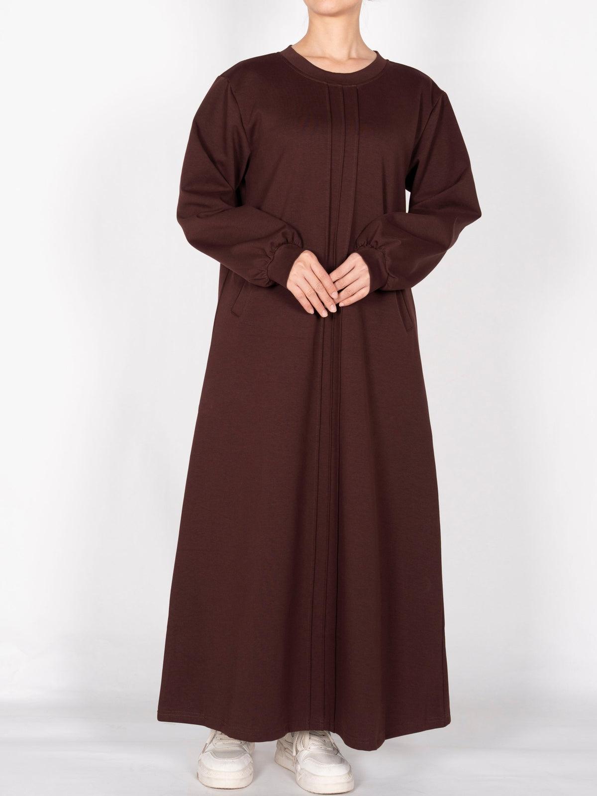 FUMIDAR Nadia Gathered-Yoke Abaya in Coffee Brown — view 3