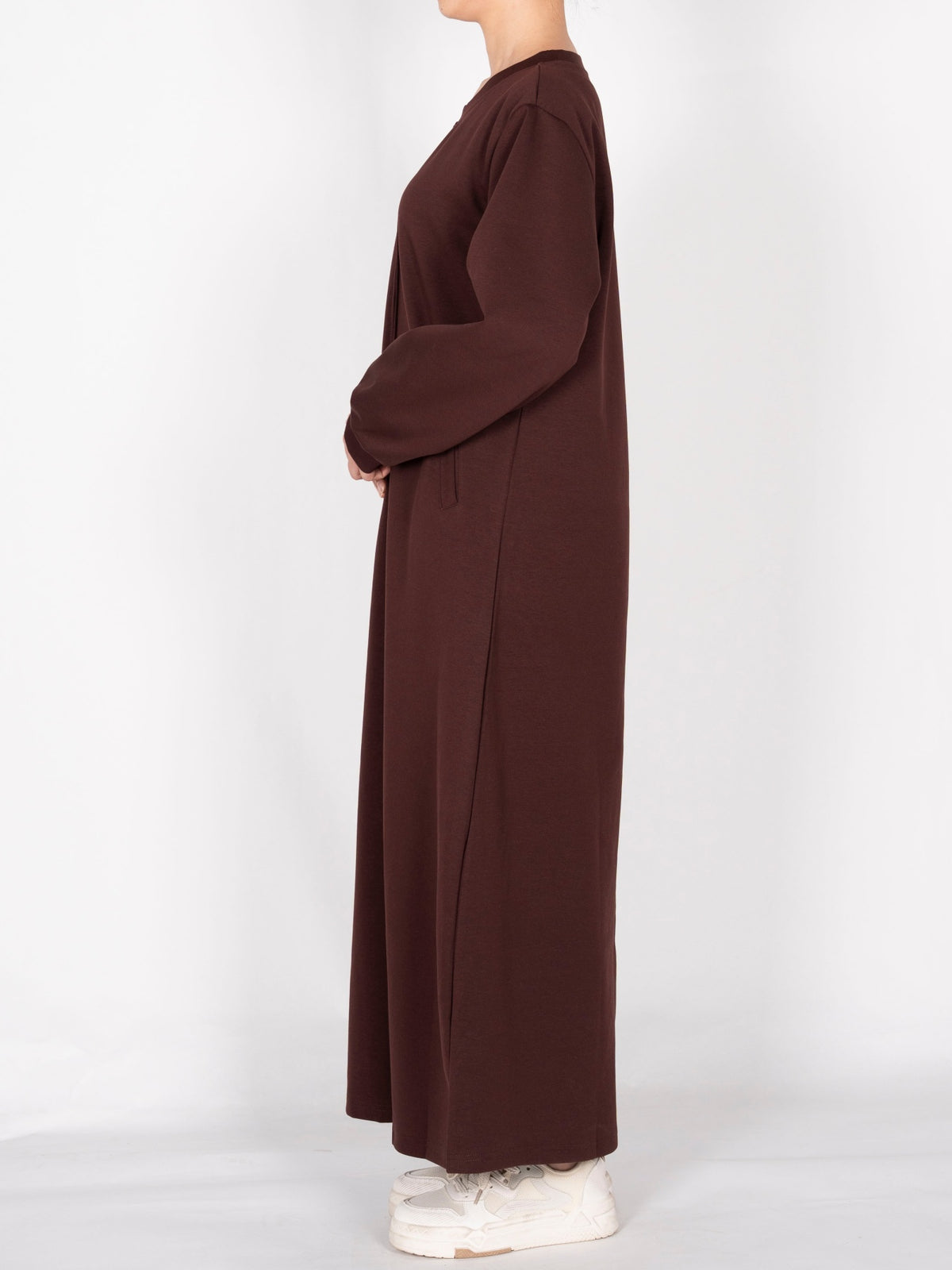 FUMIDAR Nadia Gathered-Yoke Abaya in Coffee Brown — view 4