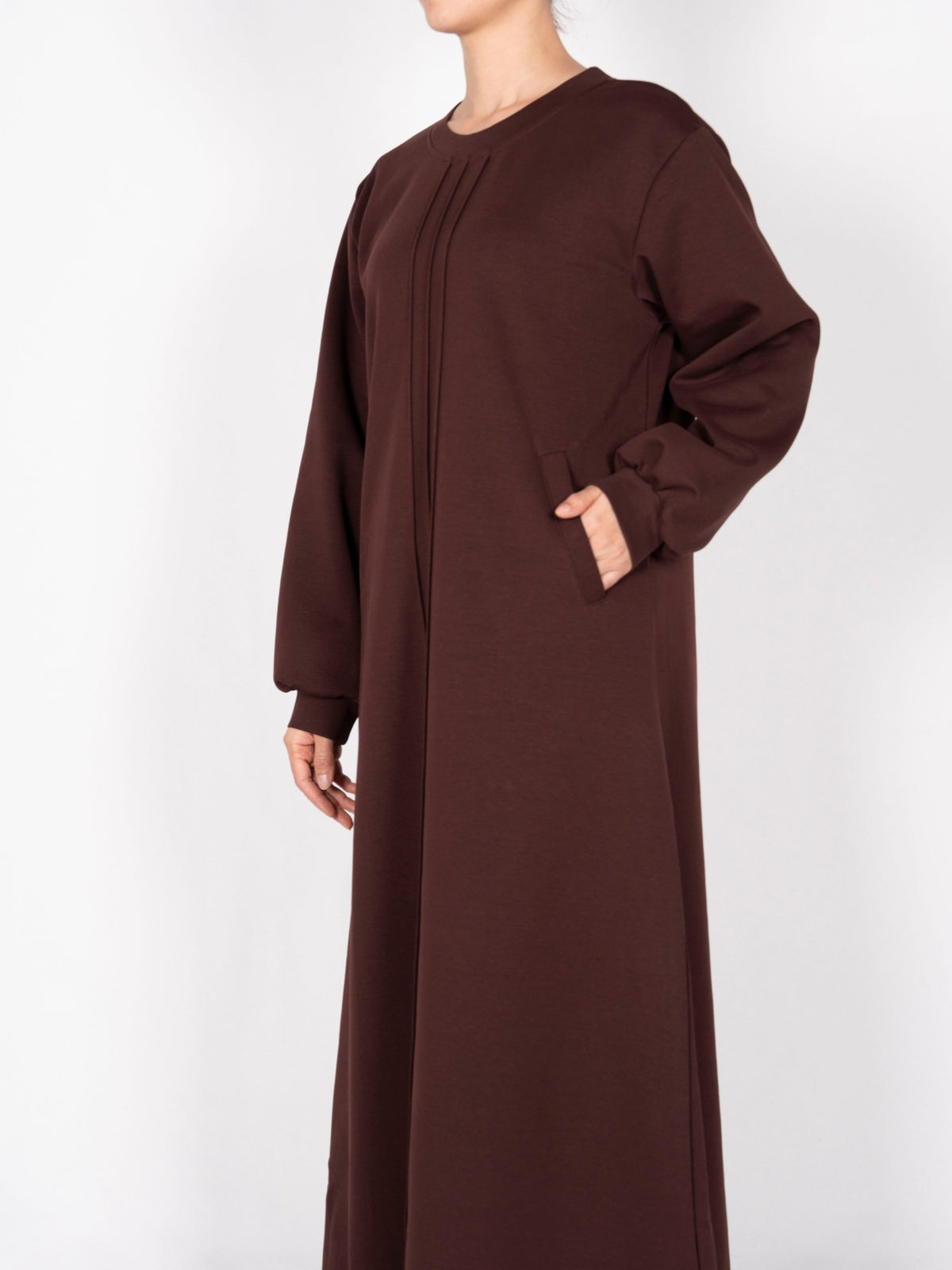 FUMIDAR Nadia Gathered-Yoke Abaya in Coffee Brown — view 5