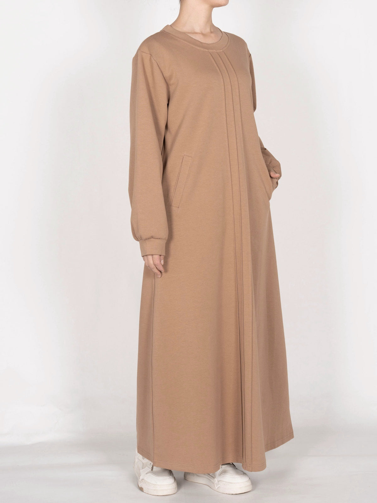 FUMIDAR Nadia Gathered-Yoke Abaya in Khaki — view 3