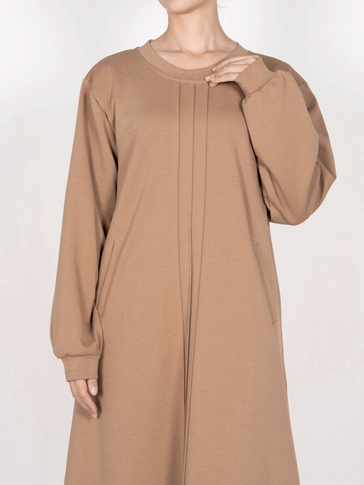 FUMIDAR Nadia Gathered-Yoke Abaya in Khaki — view 4