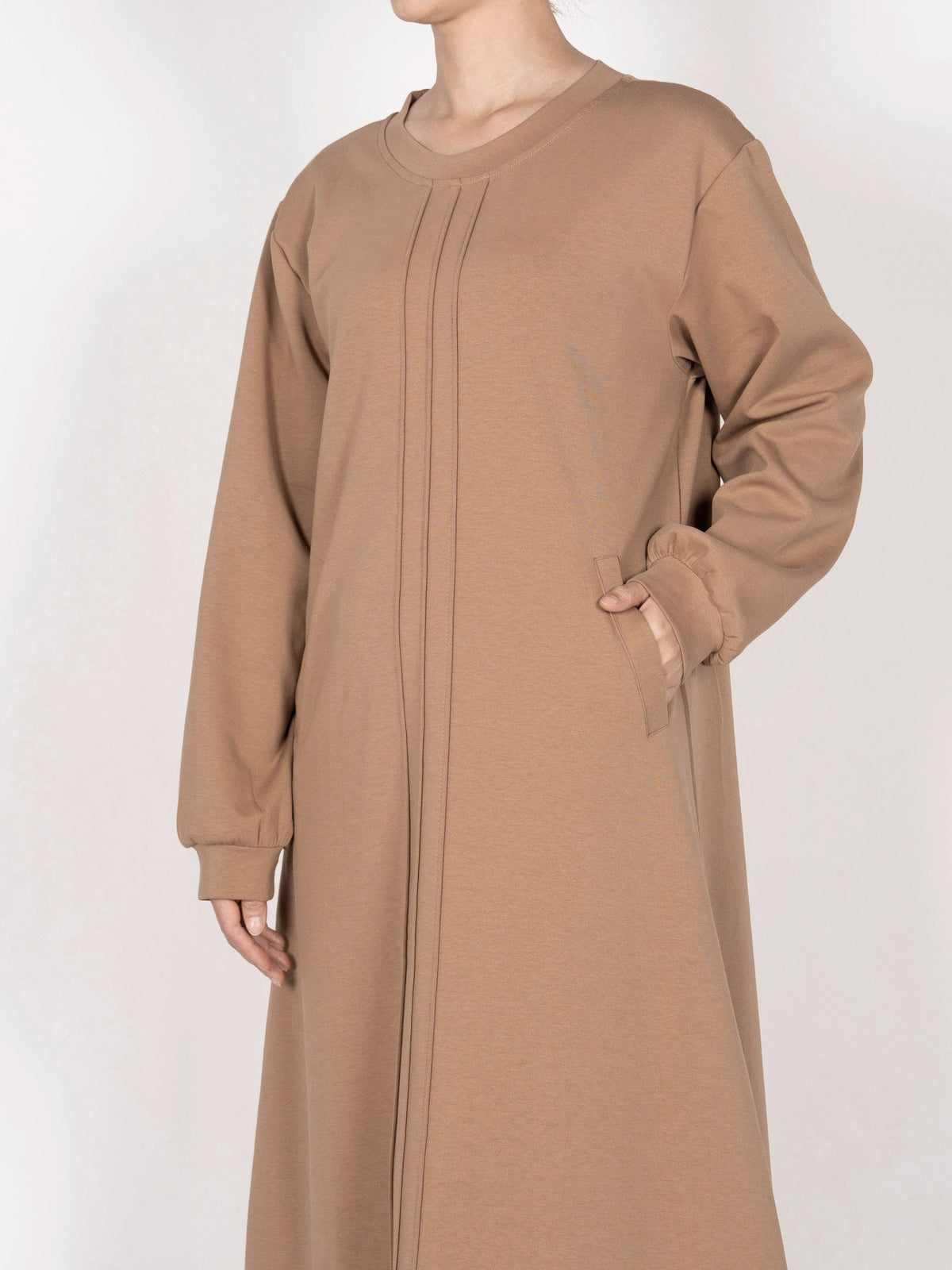 FUMIDAR Nadia Gathered-Yoke Abaya in Khaki — view 5