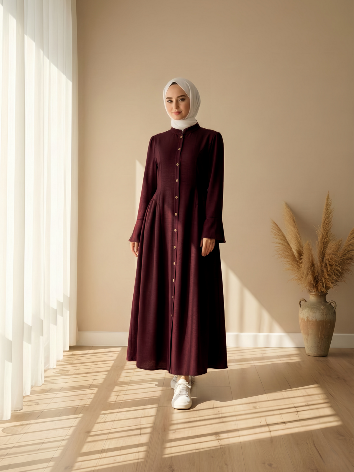 FUMIDAR Farah Stand-Collar Maxi Dress in Burgundy — view 1