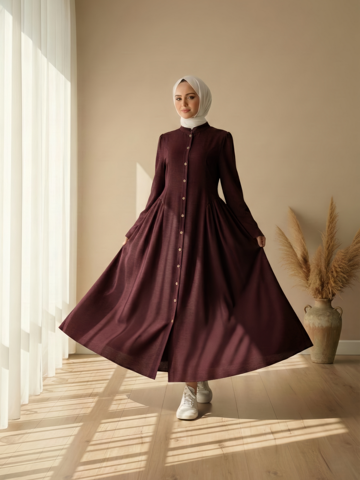 FUMIDAR Farah Stand-Collar Maxi Dress in Burgundy — view 2