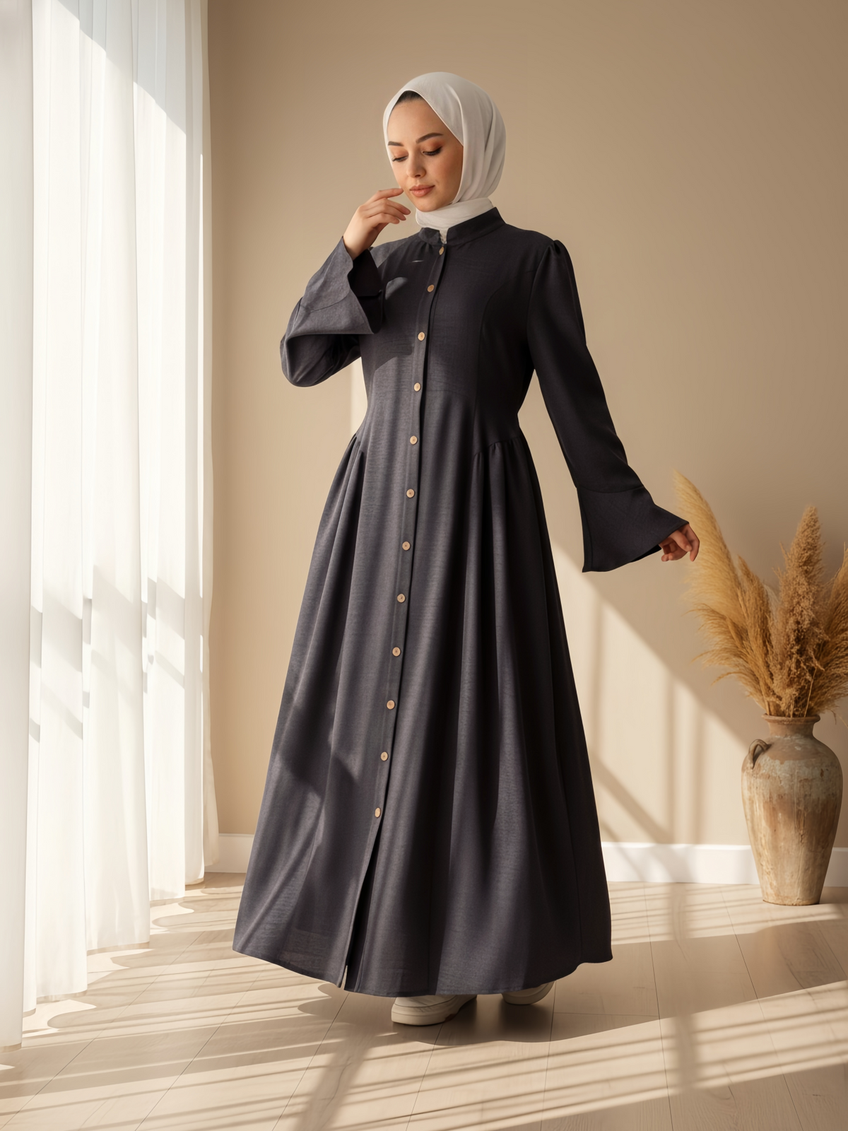 FUMIDAR Farah Stand-Collar Maxi Dress in Charcoal — view 2
