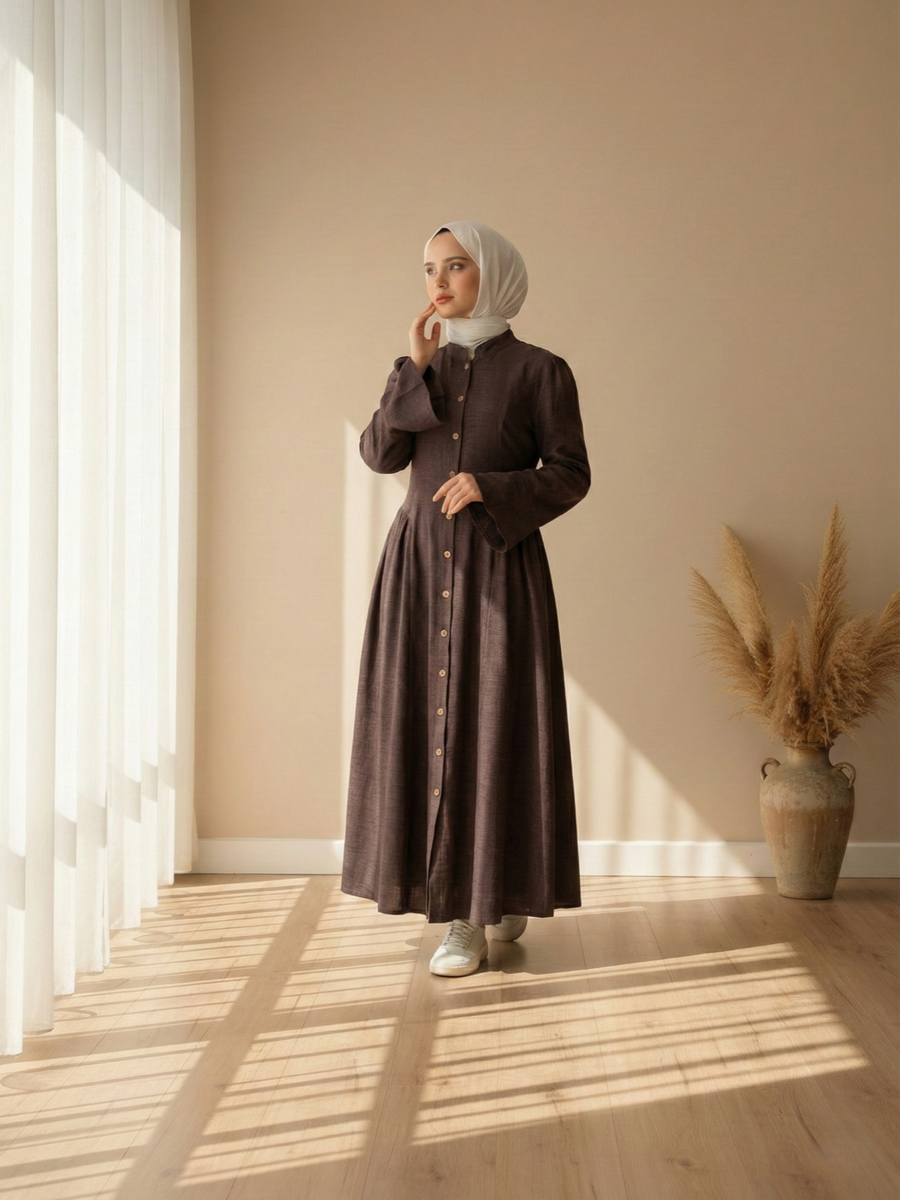 FUMIDAR Farah Stand-Collar Maxi Dress in Dark Brown — view 1