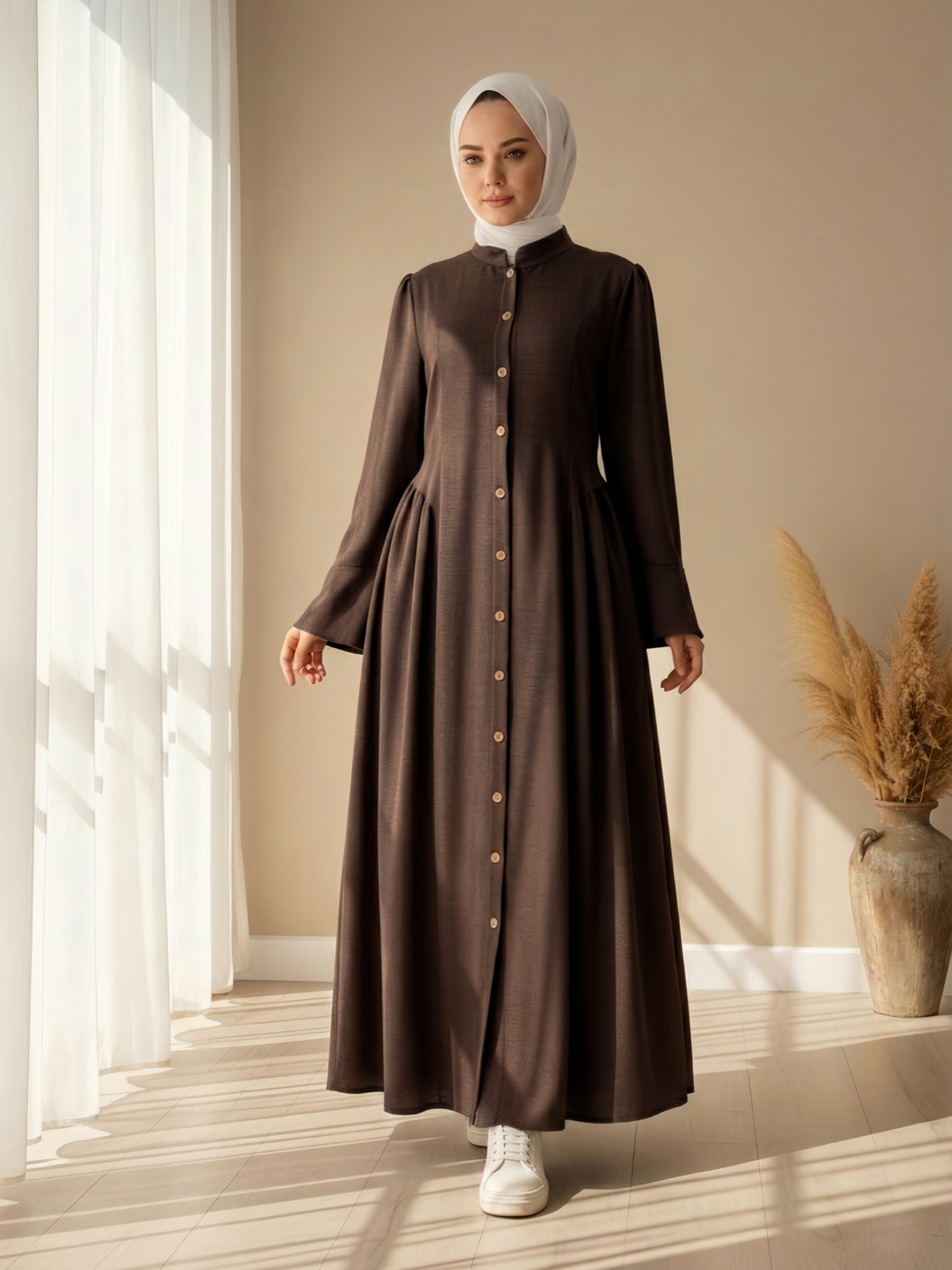 FUMIDAR Farah Stand-Collar Maxi Dress in Dark Brown — view 2