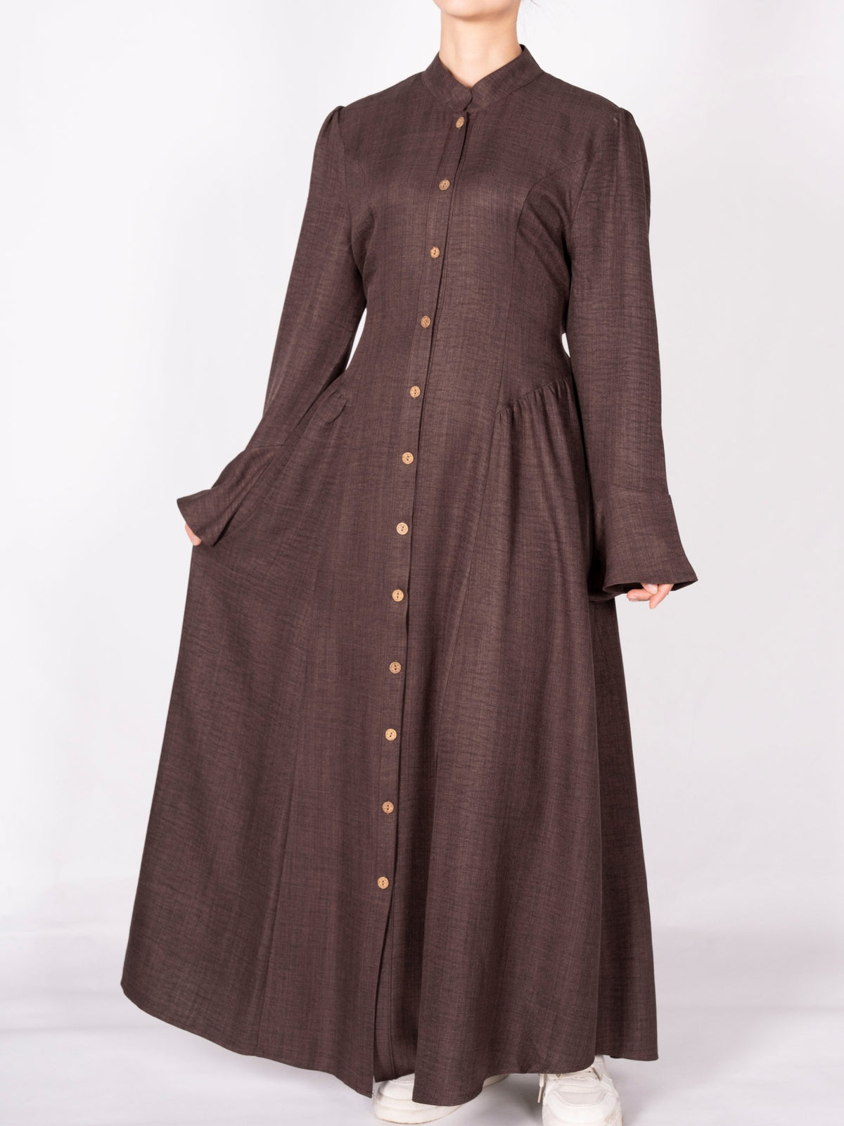 FUMIDAR Farah Stand-Collar Maxi Dress in Dark Brown — view 3