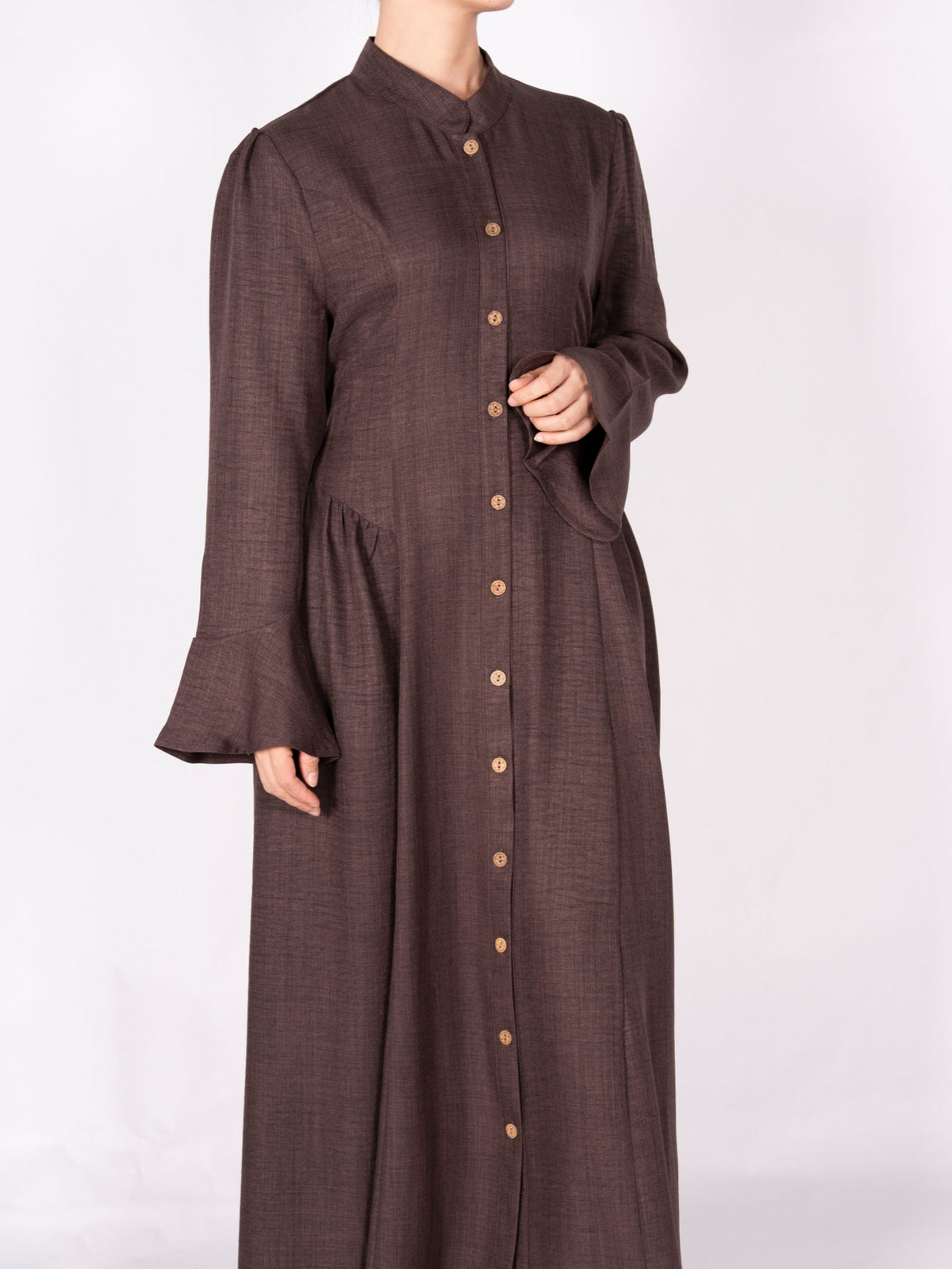 FUMIDAR Farah Stand-Collar Maxi Dress in Dark Brown — view 5