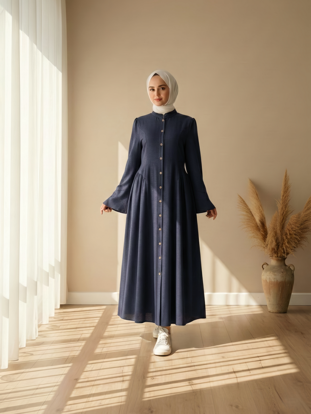 FUMIDAR Farah Stand-Collar Maxi Dress in Navy — view 1