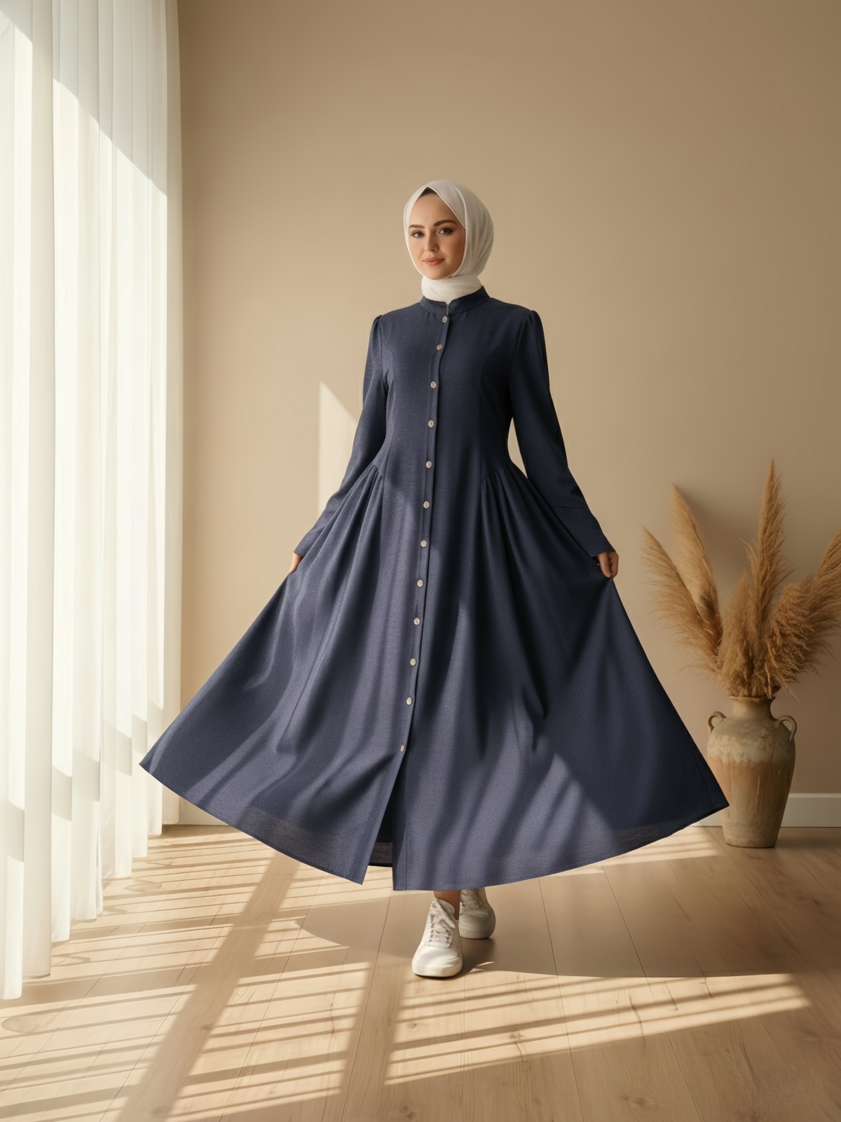 FUMIDAR Farah Stand-Collar Maxi Dress in Navy — view 2