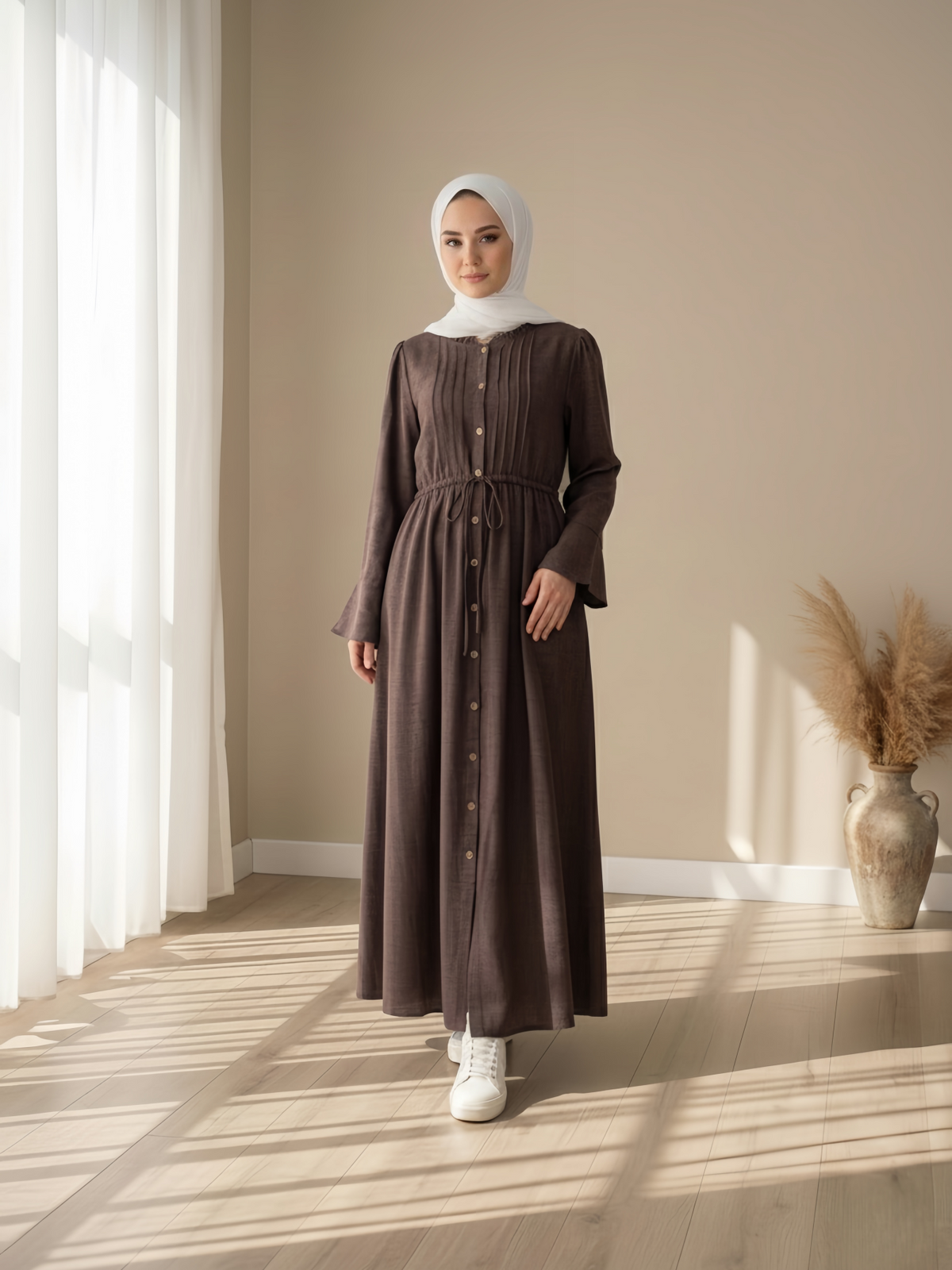 FUMIDAR Leena Drawstring-Waist Maxi Dress in Brown — view 1
