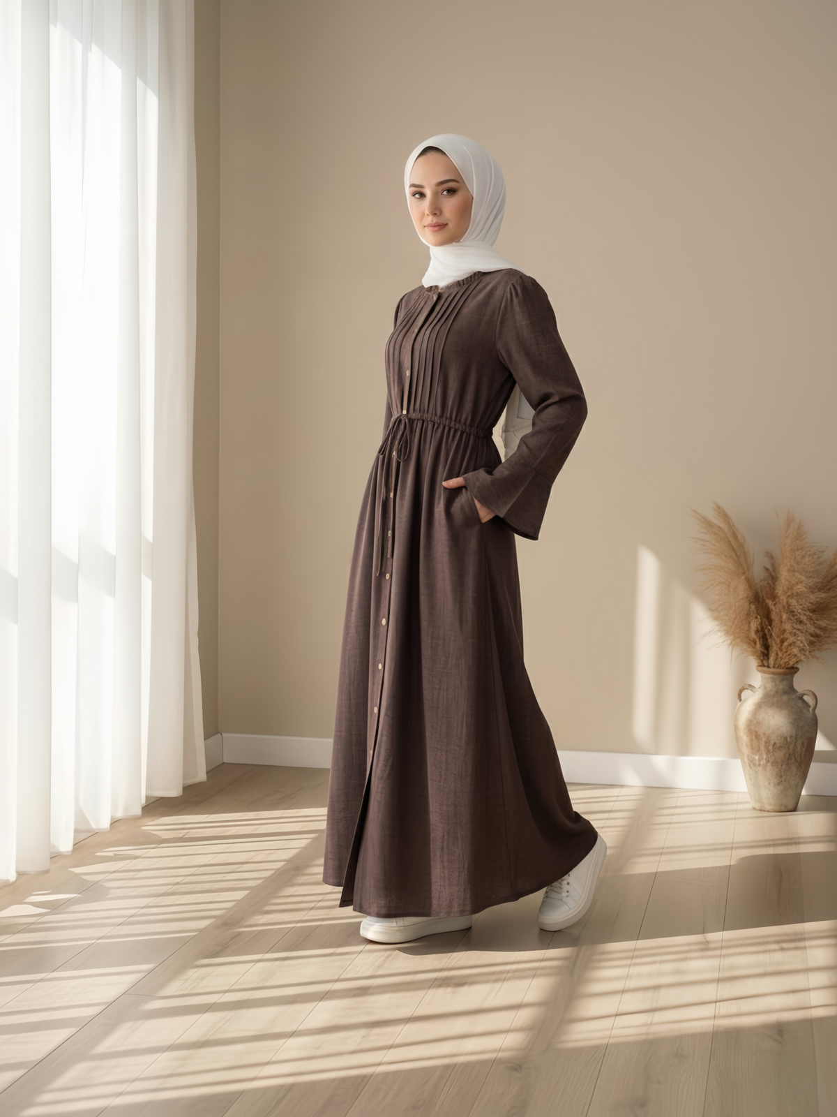 FUMIDAR Leena Drawstring-Waist Maxi Dress in Brown — view 2