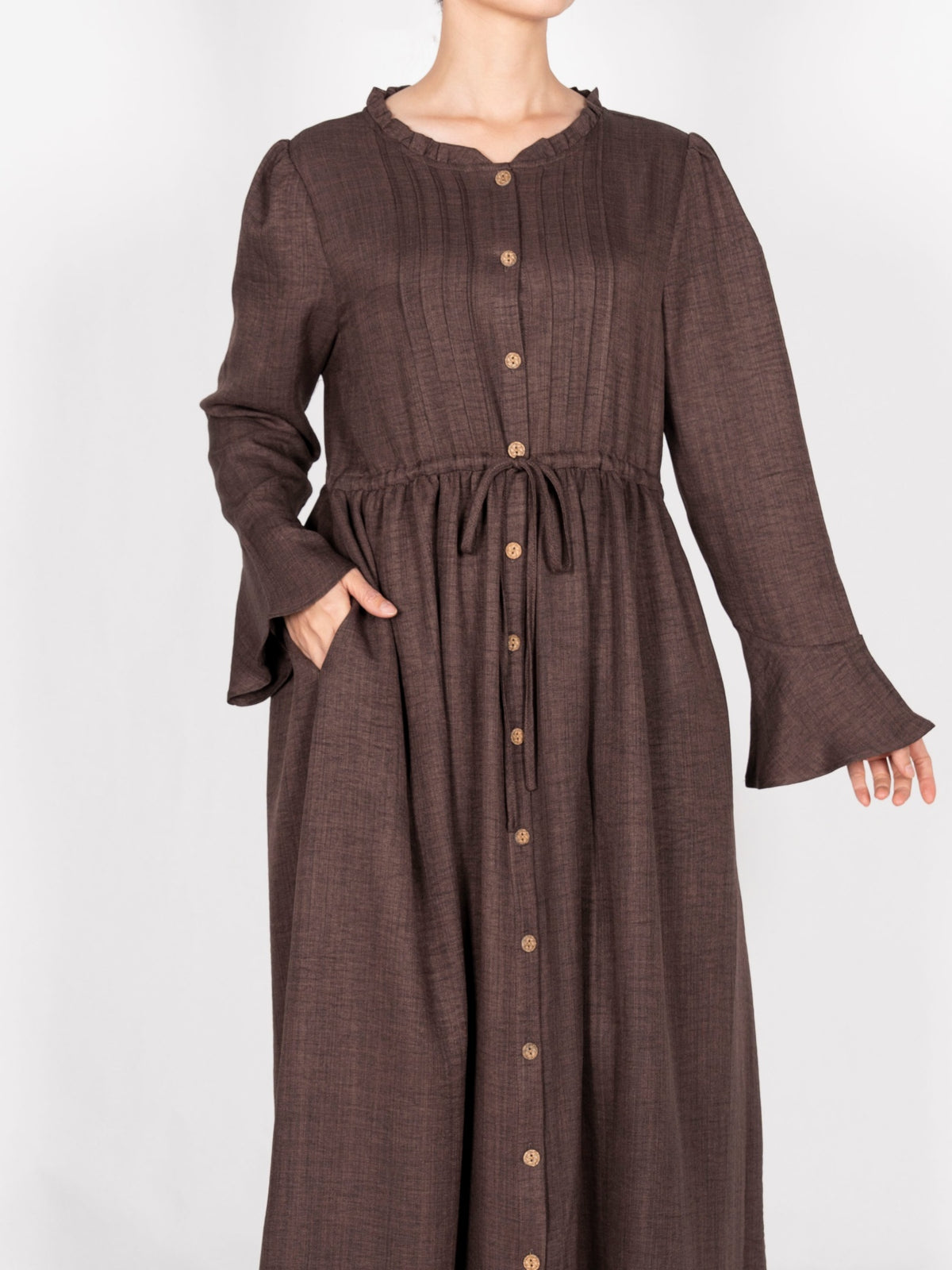 FUMIDAR Leena Drawstring-Waist Maxi Dress in Brown — view 7