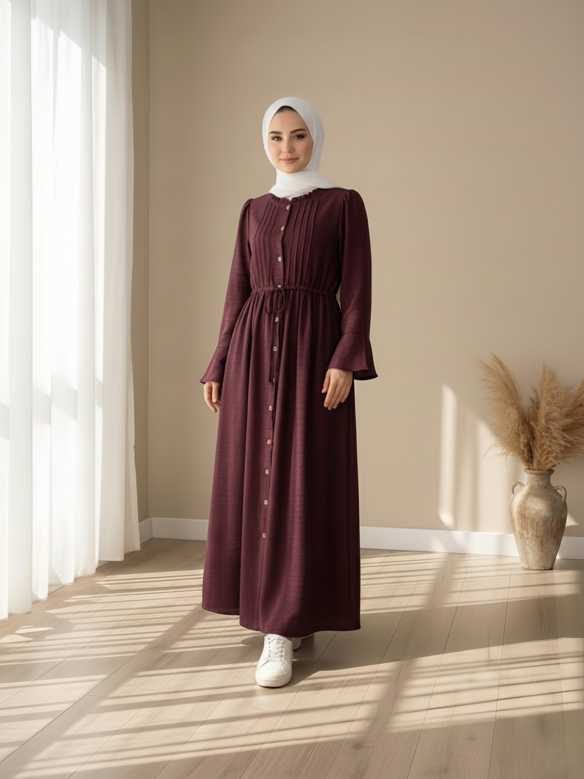 FUMIDAR Leena Drawstring-Waist Maxi Dress in Burgundy — view 1