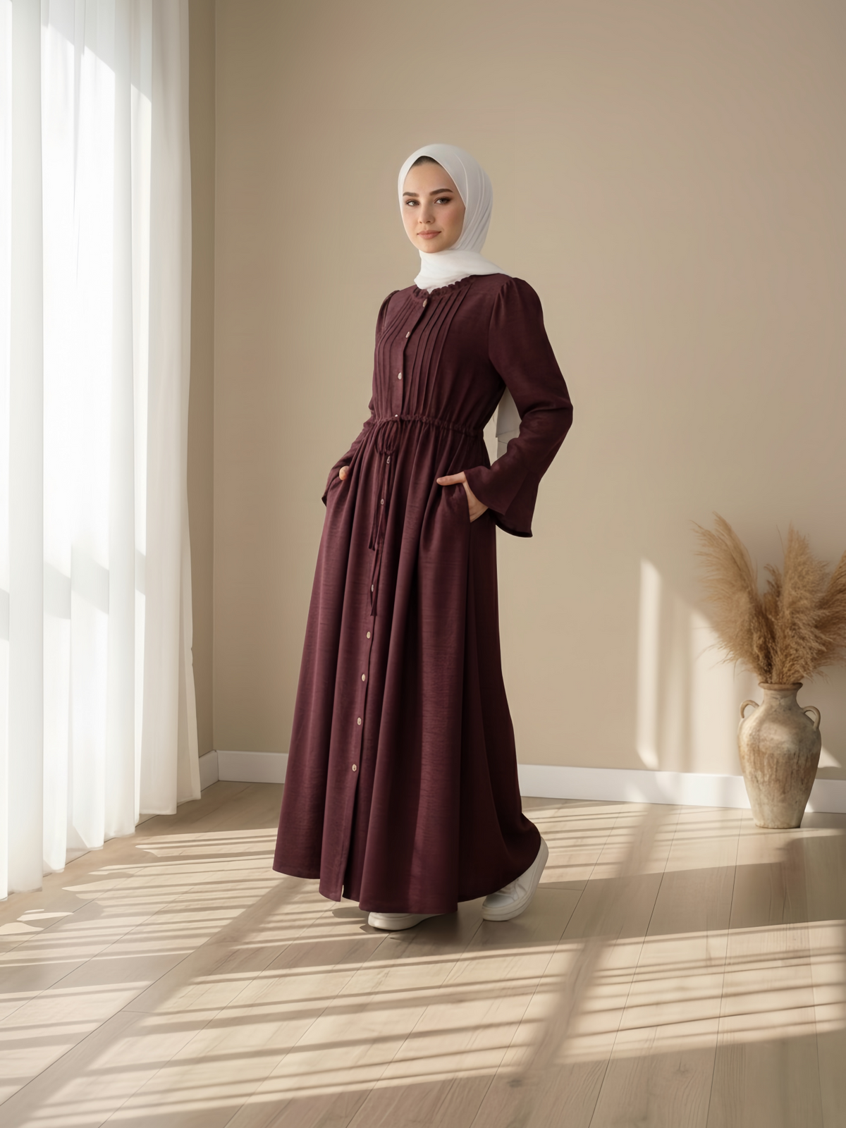 FUMIDAR Leena Drawstring-Waist Maxi Dress in Burgundy — view 2