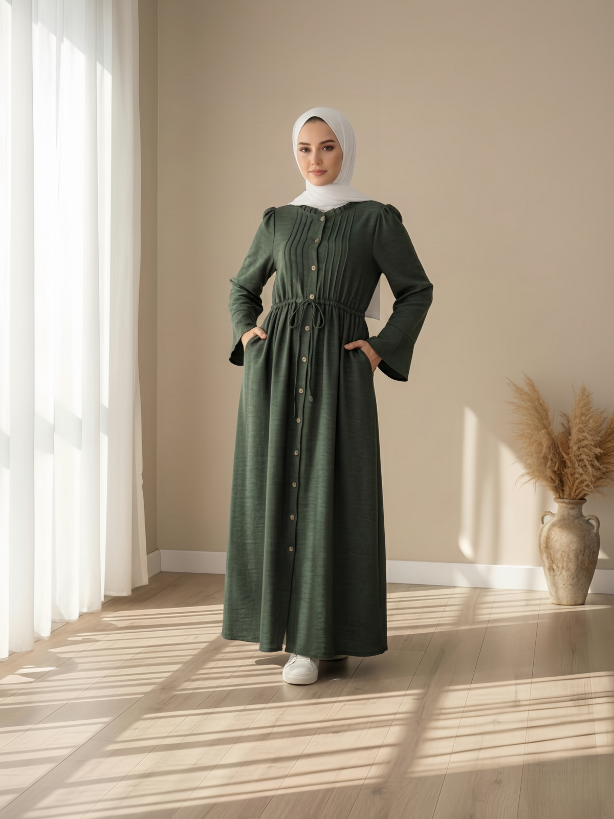 FUMIDAR Leena Drawstring-Waist Maxi Dress in Dark Green — view 1