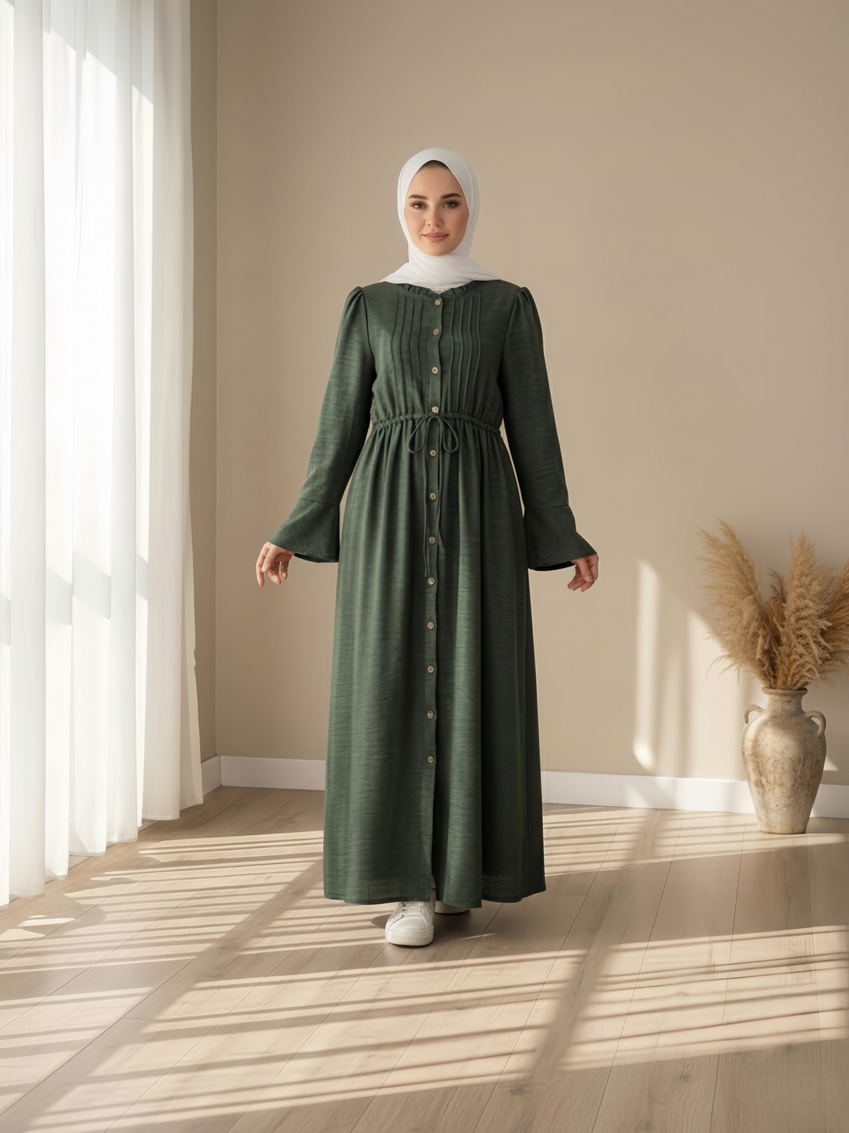 FUMIDAR Leena Drawstring-Waist Maxi Dress in Dark Green — view 2