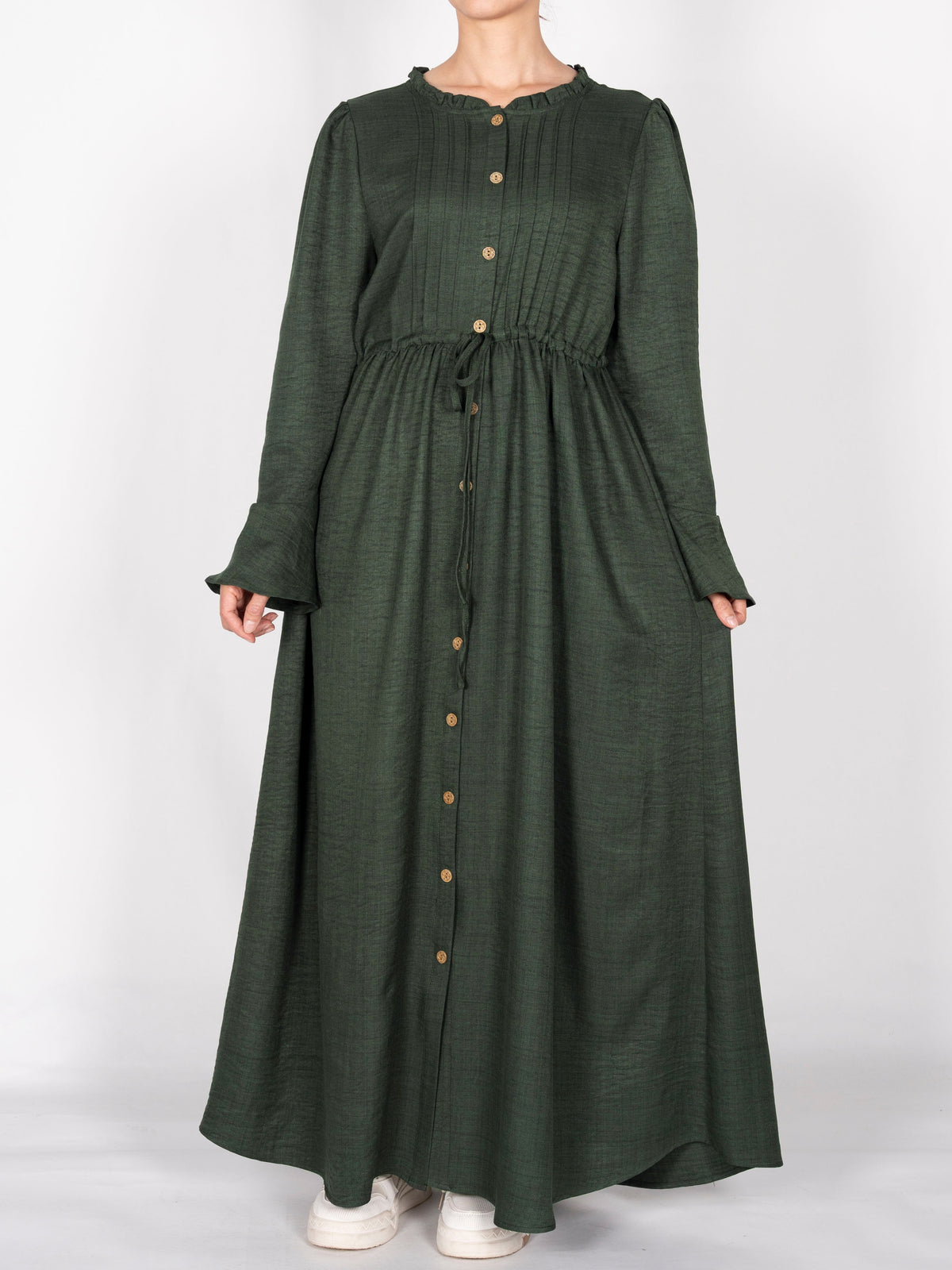 FUMIDAR Leena Drawstring-Waist Maxi Dress in Dark Green — view 3
