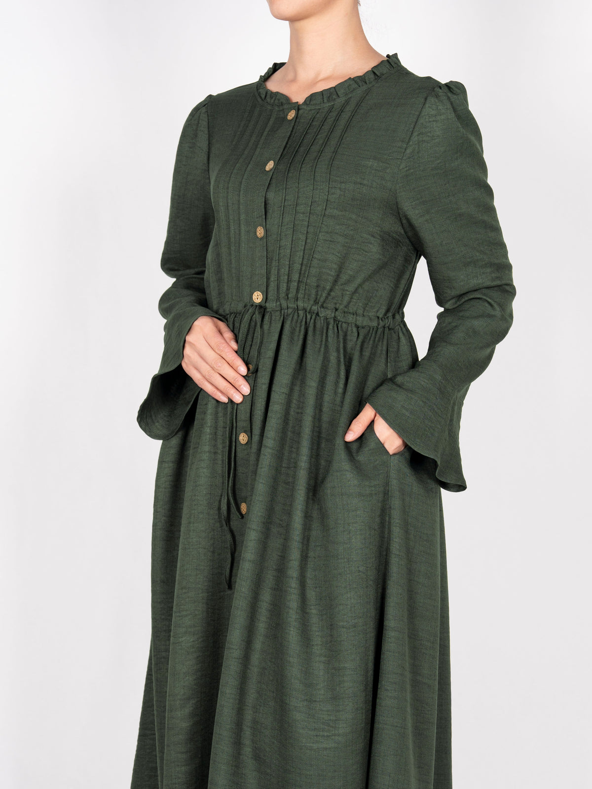 FUMIDAR Leena Drawstring-Waist Maxi Dress in Dark Green — view 6