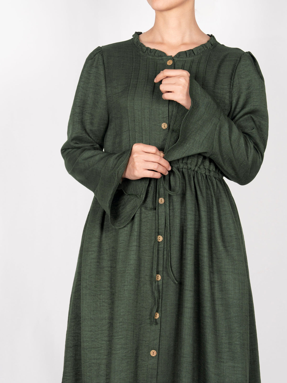 FUMIDAR Leena Drawstring-Waist Maxi Dress in Dark Green — view 7