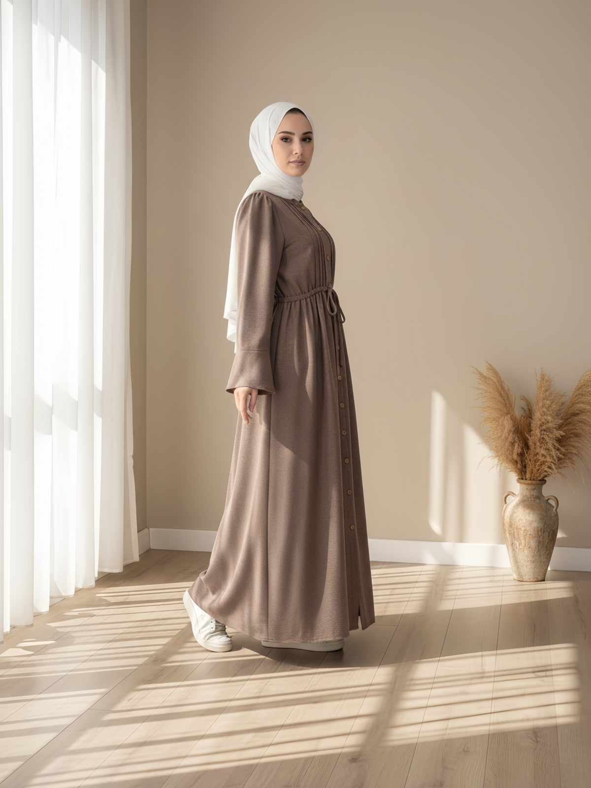 FUMIDAR Leena Drawstring-Waist Maxi Dress in Taupe — view 1