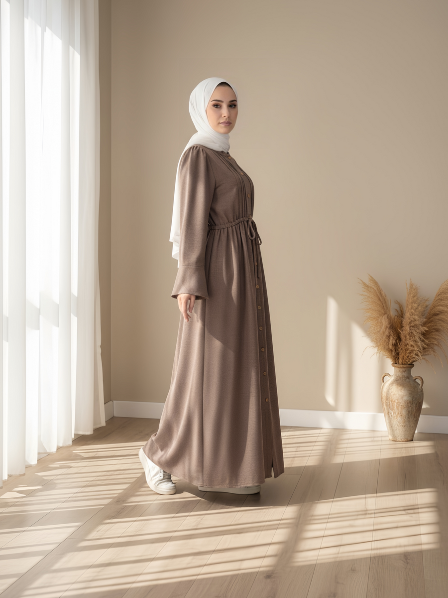 FUMIDAR Leena Drawstring-Waist Maxi Dress in Taupe — view 1