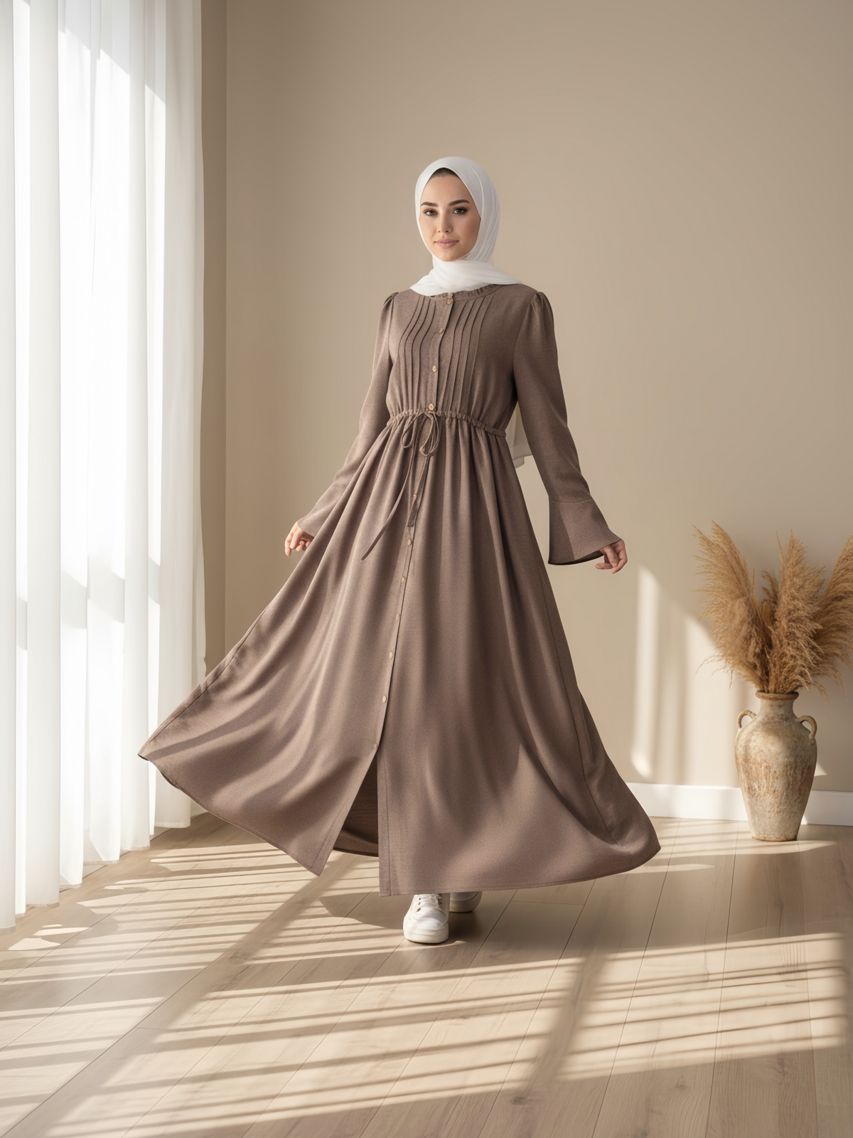 FUMIDAR Leena Drawstring-Waist Maxi Dress in Taupe — view 2