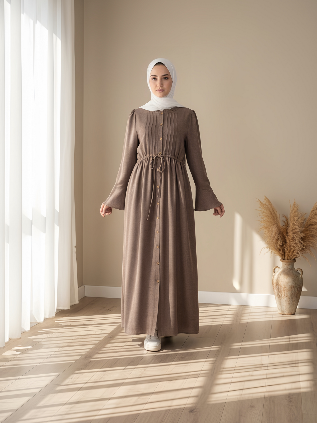 FUMIDAR Leena Drawstring-Waist Maxi Dress in Taupe — view 3
