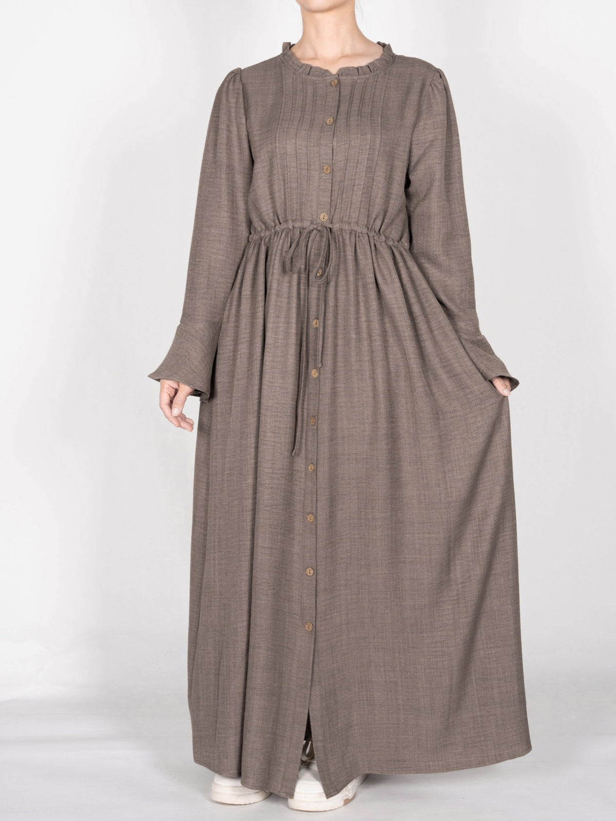 FUMIDAR Leena Drawstring-Waist Maxi Dress in Taupe — view 4